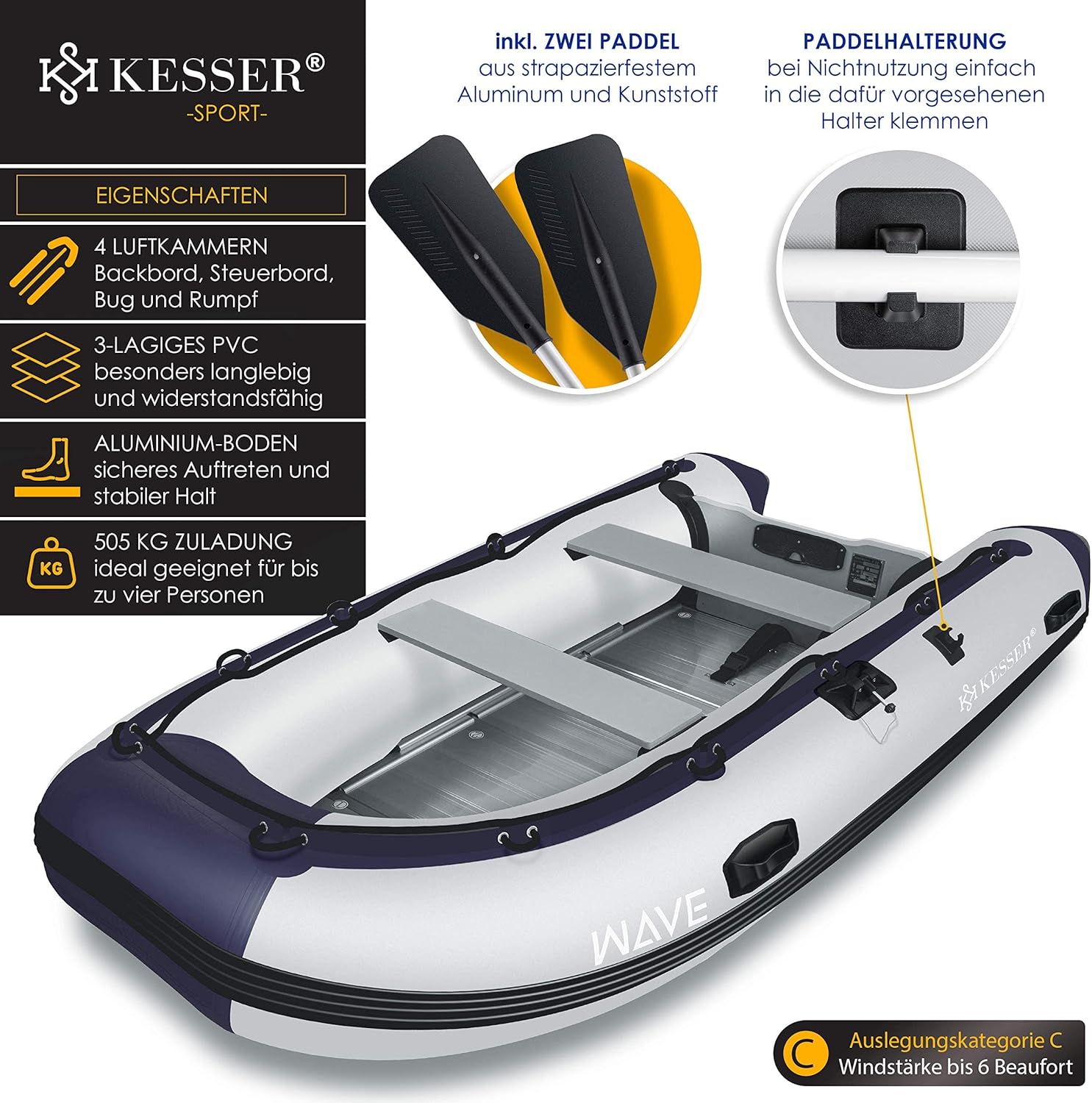 KESSER® Schlauchboot Wave 230-320 cm Set 6-teilig aufblasbar – Boot + Bank, Luftpumpe, Paddel, Reparaturset, Tasche, Angelboot, Paddelboot klein und groß - Motorkombi möglich, Salzwasser geeignet — Ansicht 2
