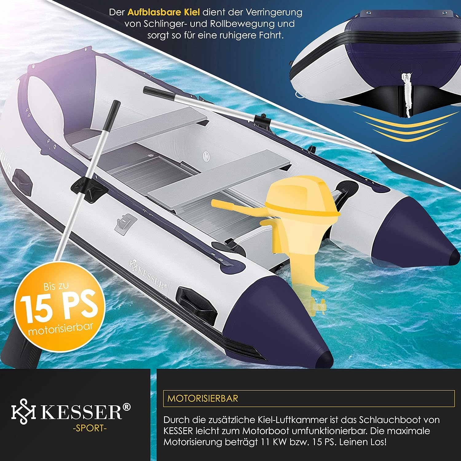 KESSER® Schlauchboot Wave 230-320 cm Set 6-teilig aufblasbar – Boot + Bank, Luftpumpe, Paddel, Reparaturset, Tasche, Angelboot, Paddelboot klein und groß - Motorkombi möglich, Salzwasser geeignet — Ansicht 4