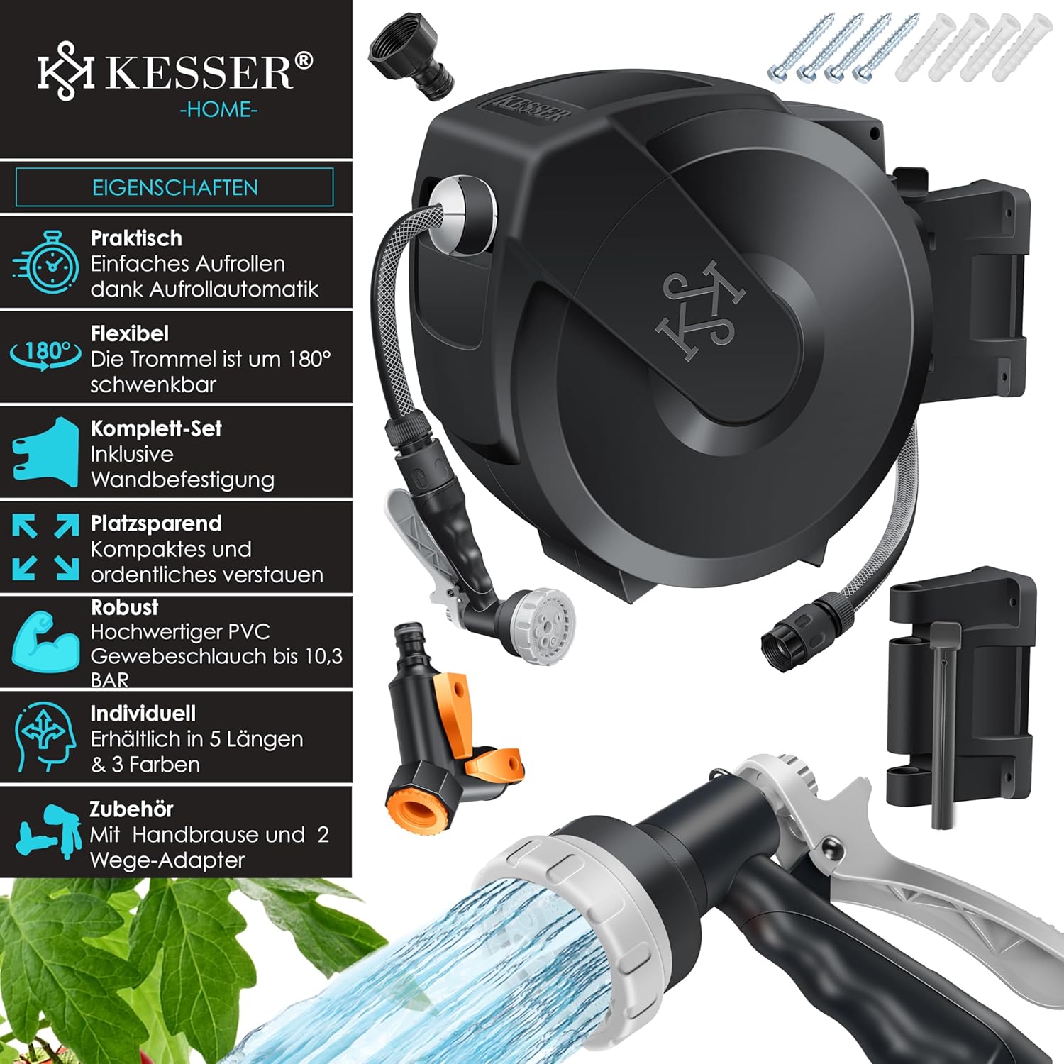 KESSER® Schlauchtrommel mit Gartenschlauch 35m | Wasserschlauchtrommel zur Wandmontage | Wandhalterung | 180° schwenkbar & automatische Aufrollung | Wand-Schlauchbox inkl. 7-Funktionen Handbrause — Ansicht 2