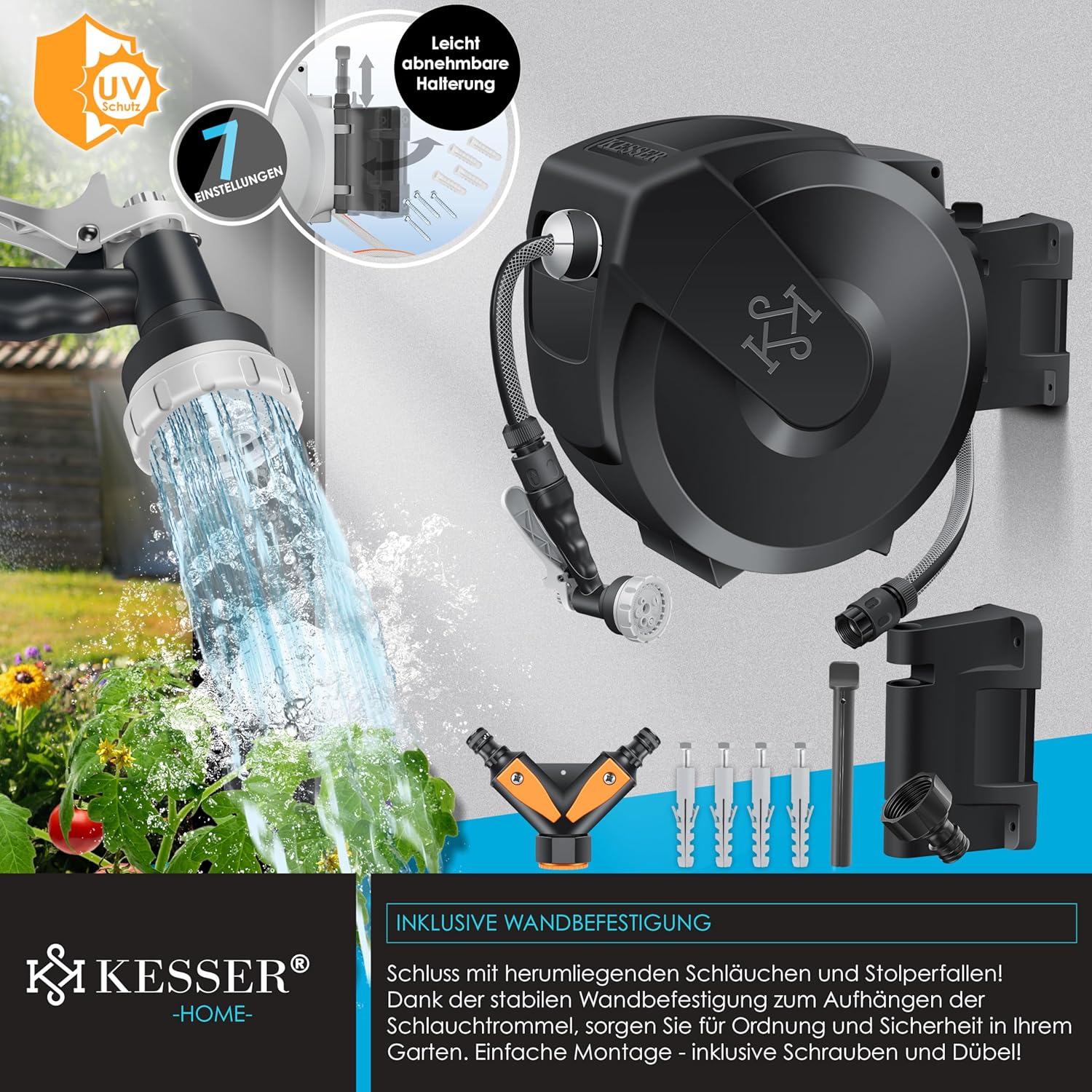 KESSER® Schlauchtrommel mit Gartenschlauch 35m | Wasserschlauchtrommel zur Wandmontage | Wandhalterung | 180° schwenkbar & automatische Aufrollung | Wand-Schlauchbox inkl. 7-Funktionen Handbrause — Ansicht 3