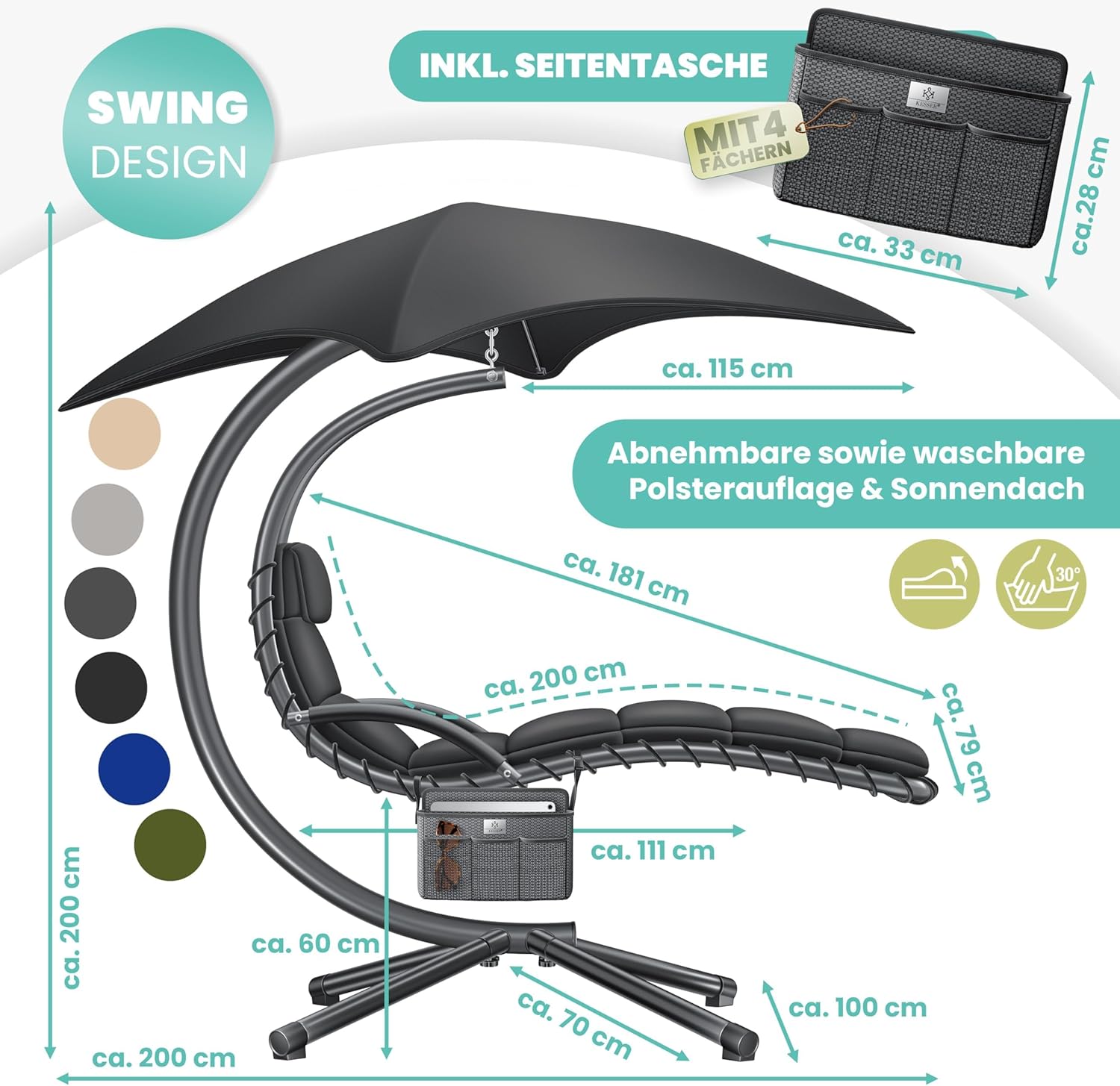 KESSER® Schwebeliege mit Sonnenschirm, Hängeliege, Sonnenliege H200, L194, B100 cm, Relaxliege, Schaukelliege Hängematte, bis 120 kg belastbar, Auflagen - Nackenkissen, Inkl. Tasche — Ansicht 2