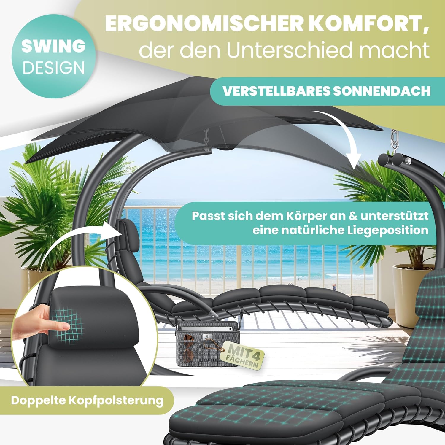KESSER® Schwebeliege mit Sonnenschirm, Hängeliege, Sonnenliege H200, L194, B100 cm, Relaxliege, Schaukelliege Hängematte, bis 120 kg belastbar, Auflagen - Nackenkissen, Inkl. Tasche — Ansicht 4