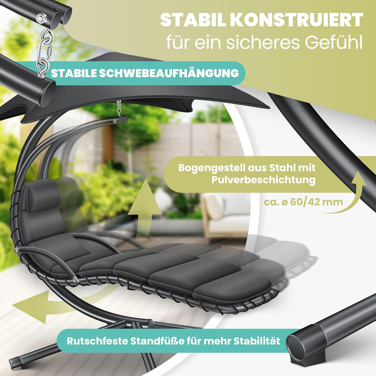 KESSER® Schwebeliege mit Sonnenschirm, Hängeliege, Sonnenliege H200, L194, B100 cm, Relaxliege, Schaukelliege Hängematte, bis 120 kg belastbar, Auflagen - Nackenkissen, Inkl. Tasche — Ansicht 6
