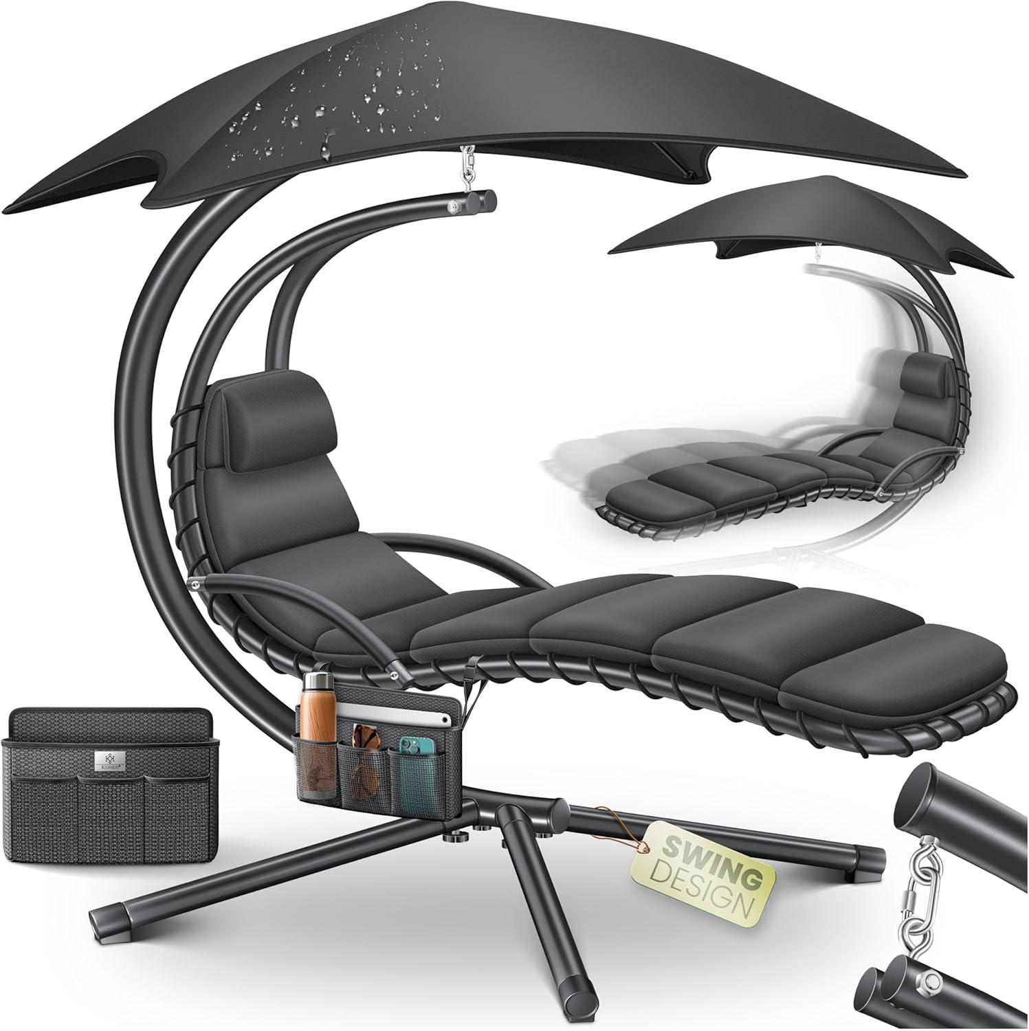 KESSER® Schwebeliege mit Sonnenschirm, Hängeliege, Sonnenliege H200, L194, B100 cm, Relaxliege, Schaukelliege Hängematte, bis 120 kg belastbar, Auflagen - Nackenkissen, Inkl. Tasche