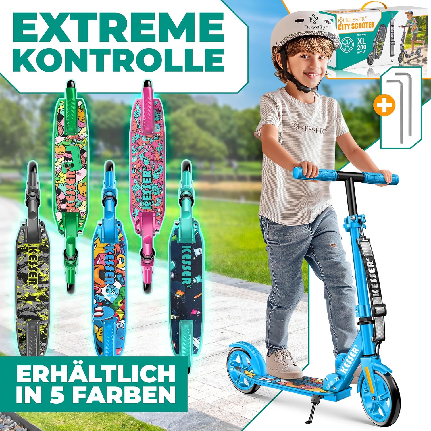KESSER® Scooter Roller Kinderroller Cityroller Tretroller Kickroller klappbar höhenverstellbar, Kickscooter bis 100kg, Hinterradbremse, rutschfeste Trittfläche, bis 185cm Körpergröße, inkl. Tragegurt — Ansicht 3