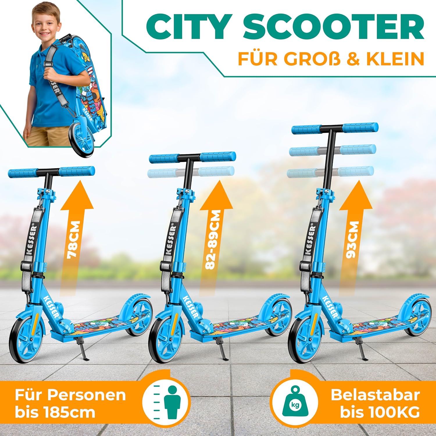 KESSER® Scooter Roller Kinderroller Cityroller Tretroller Kickroller klappbar höhenverstellbar, Kickscooter bis 100kg, Hinterradbremse, rutschfeste Trittfläche, bis 185cm Körpergröße, inkl. Tragegurt — Ansicht 4