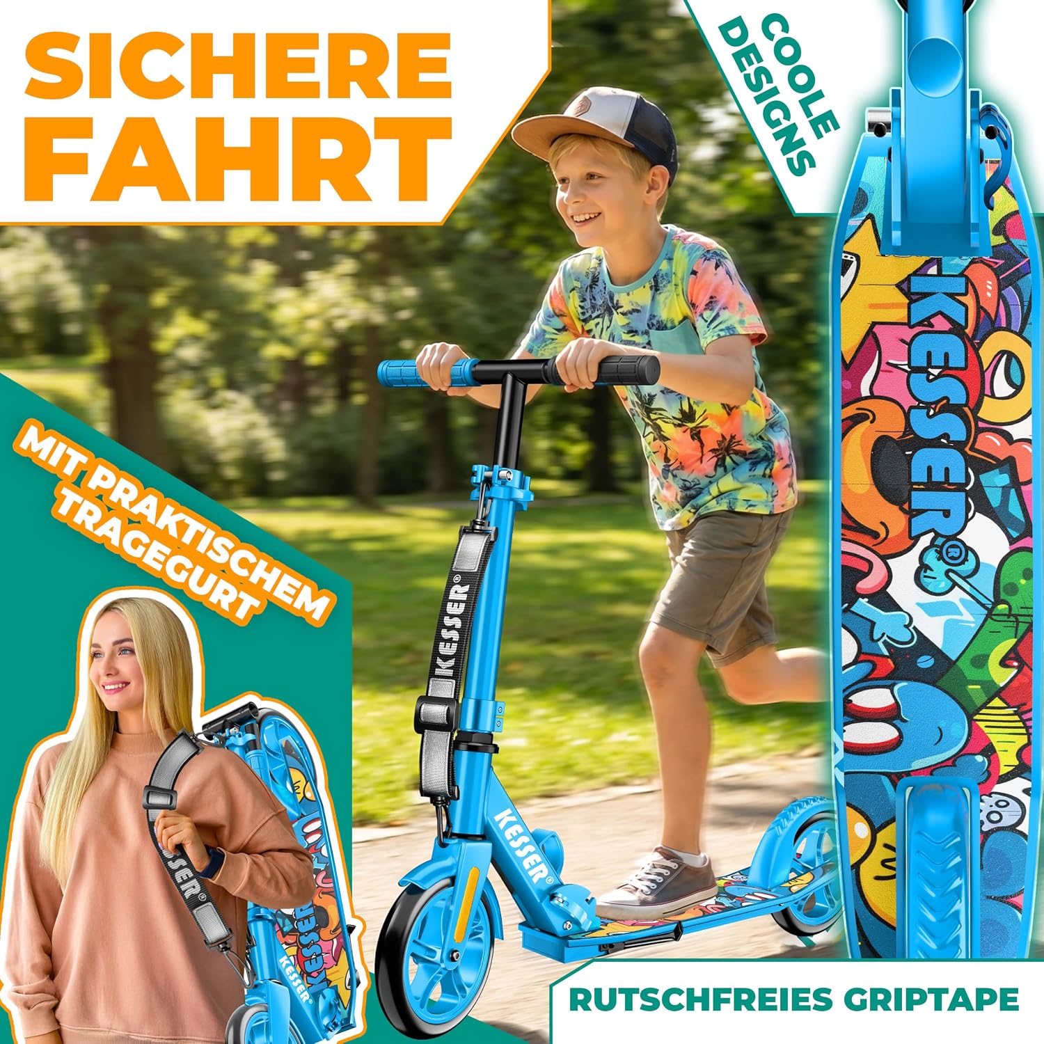 KESSER® Scooter Roller Kinderroller Cityroller Tretroller Kickroller klappbar höhenverstellbar, Kickscooter bis 100kg, Hinterradbremse, rutschfeste Trittfläche, bis 185cm Körpergröße, inkl. Tragegurt — Ansicht 5
