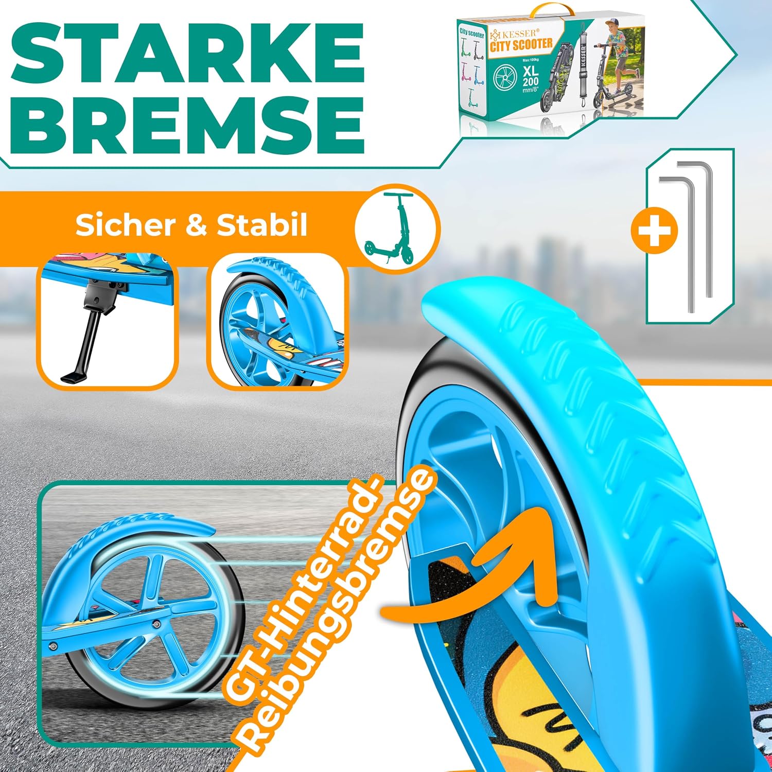 KESSER® Scooter Roller Kinderroller Cityroller Tretroller Kickroller klappbar höhenverstellbar, Kickscooter bis 100kg, Hinterradbremse, rutschfeste Trittfläche, bis 185cm Körpergröße, inkl. Tragegurt — Ansicht 6