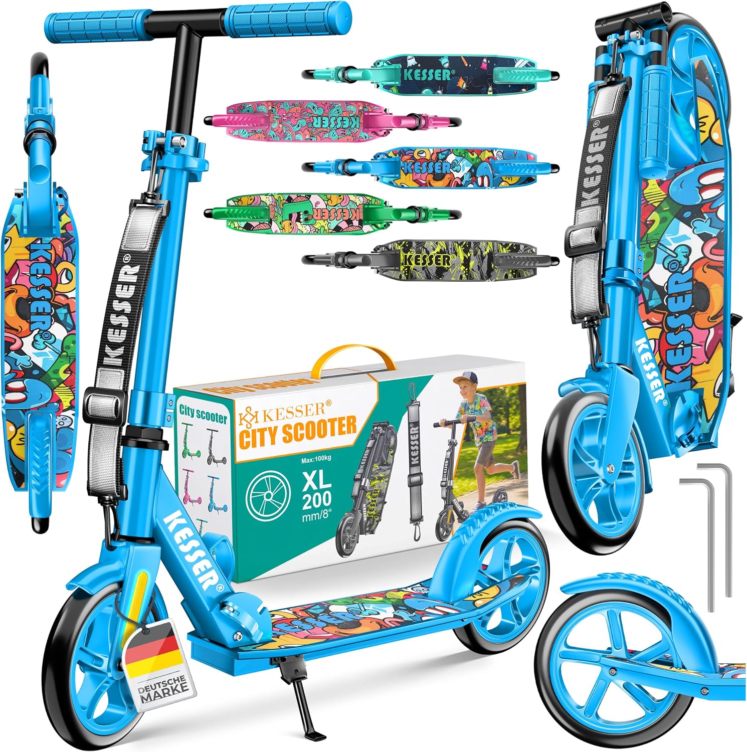 KESSER® Scooter Roller Kinderroller Cityroller Tretroller Kickroller klappbar höhenverstellbar, Kickscooter bis 100kg, Hinterradbremse, rutschfeste Trittfläche, bis 185cm Körpergröße, inkl. Tragegurt