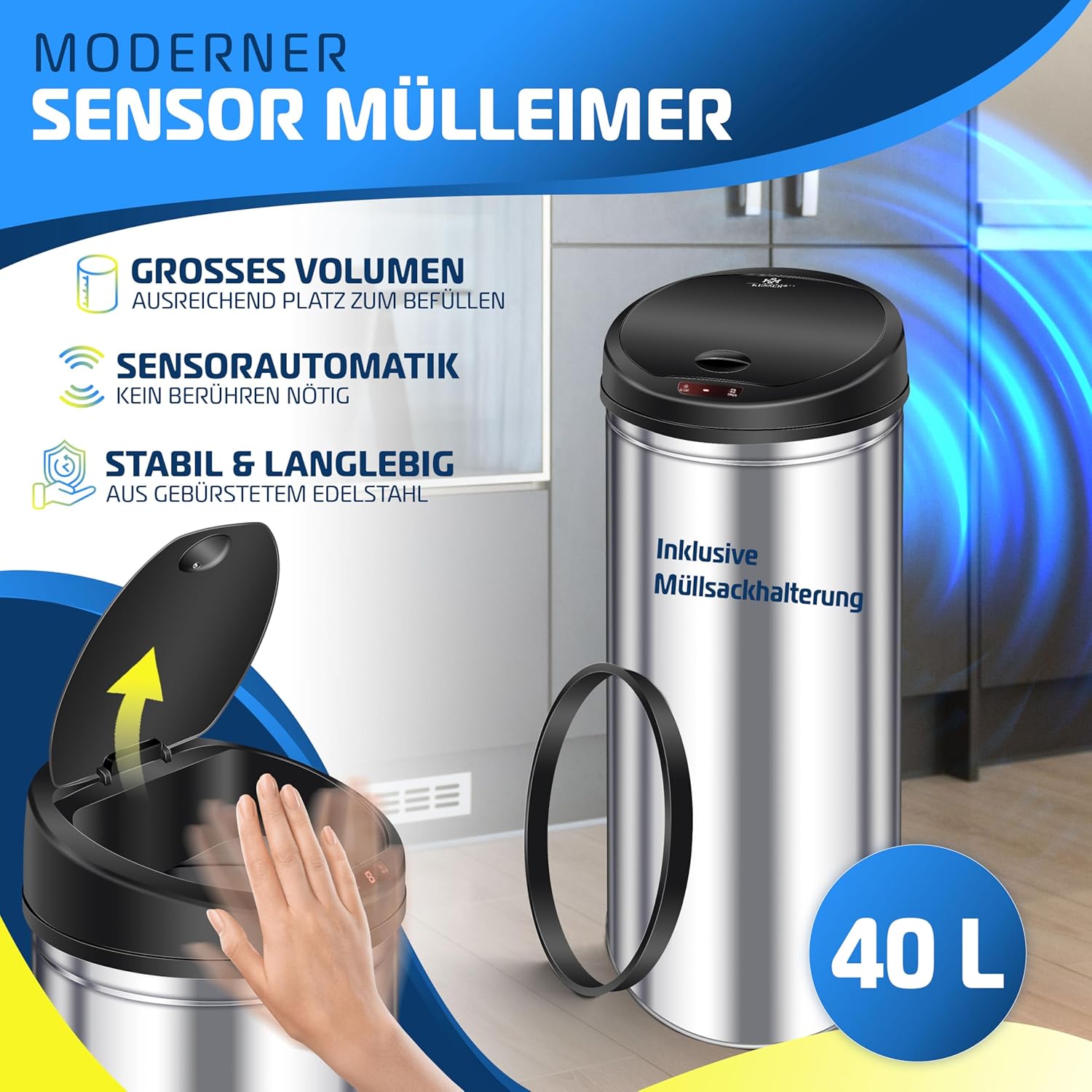 KESSER® Sensor Mülleimer ✓ Automatik ✓ Abfalleimer ✓ Abfall | EDELSTAHL | Farbe: SILBER | Größe: 40 L — Ansicht 2