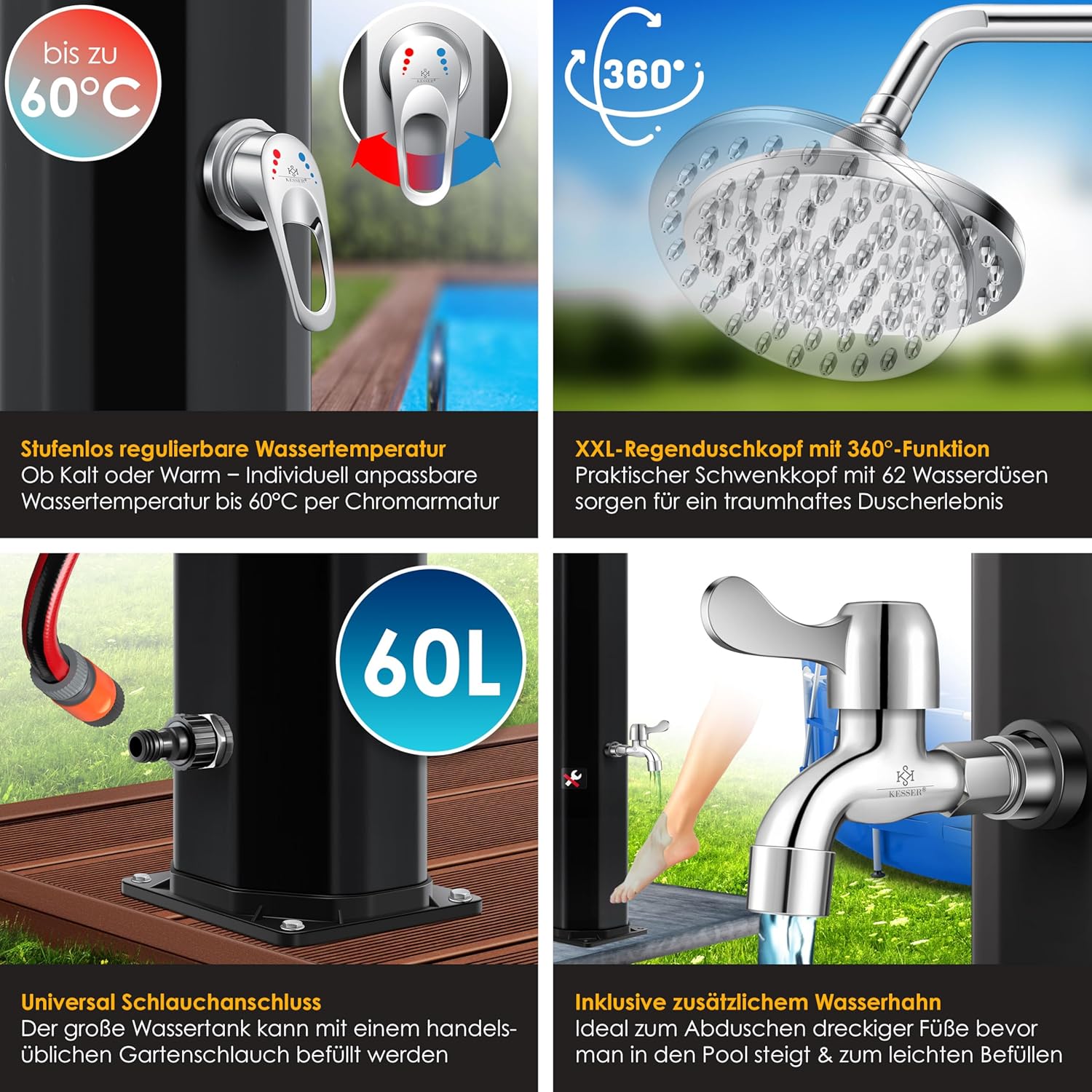 KESSER® Solardusche 60L Gartendusche, Solar Dusche für Garten & Pool mit warmem Wasser, Pooldusche ohne Strom, Regenduschkopf & Wasserhahn mit Gartenschlauch-Anschluss + Ablage, Schutzhaube — Ansicht 3