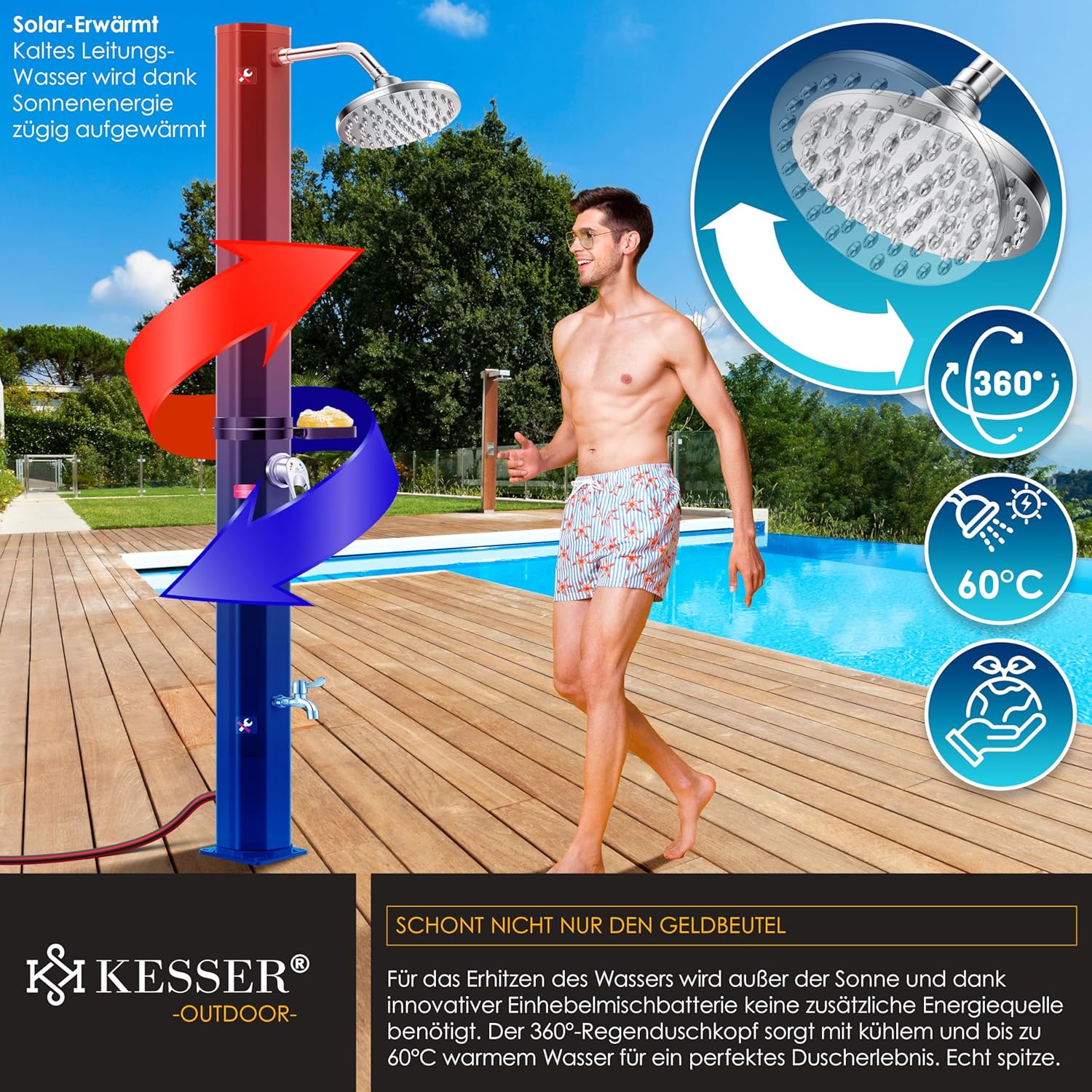 KESSER® Solardusche 60L Gartendusche, Solar Dusche für Garten & Pool mit warmem Wasser, Pooldusche ohne Strom, Regenduschkopf & Wasserhahn mit Gartenschlauch-Anschluss + Ablage, Schutzhaube — Ansicht 4