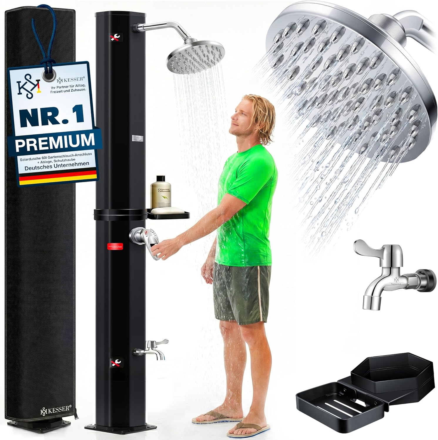 KESSER® Solardusche 60L Gartendusche, Solar Dusche für Garten & Pool mit warmem Wasser, Pooldusche ohne Strom, Regenduschkopf & Wasserhahn mit Gartenschlauch-Anschluss + Ablage, Schutzhaube