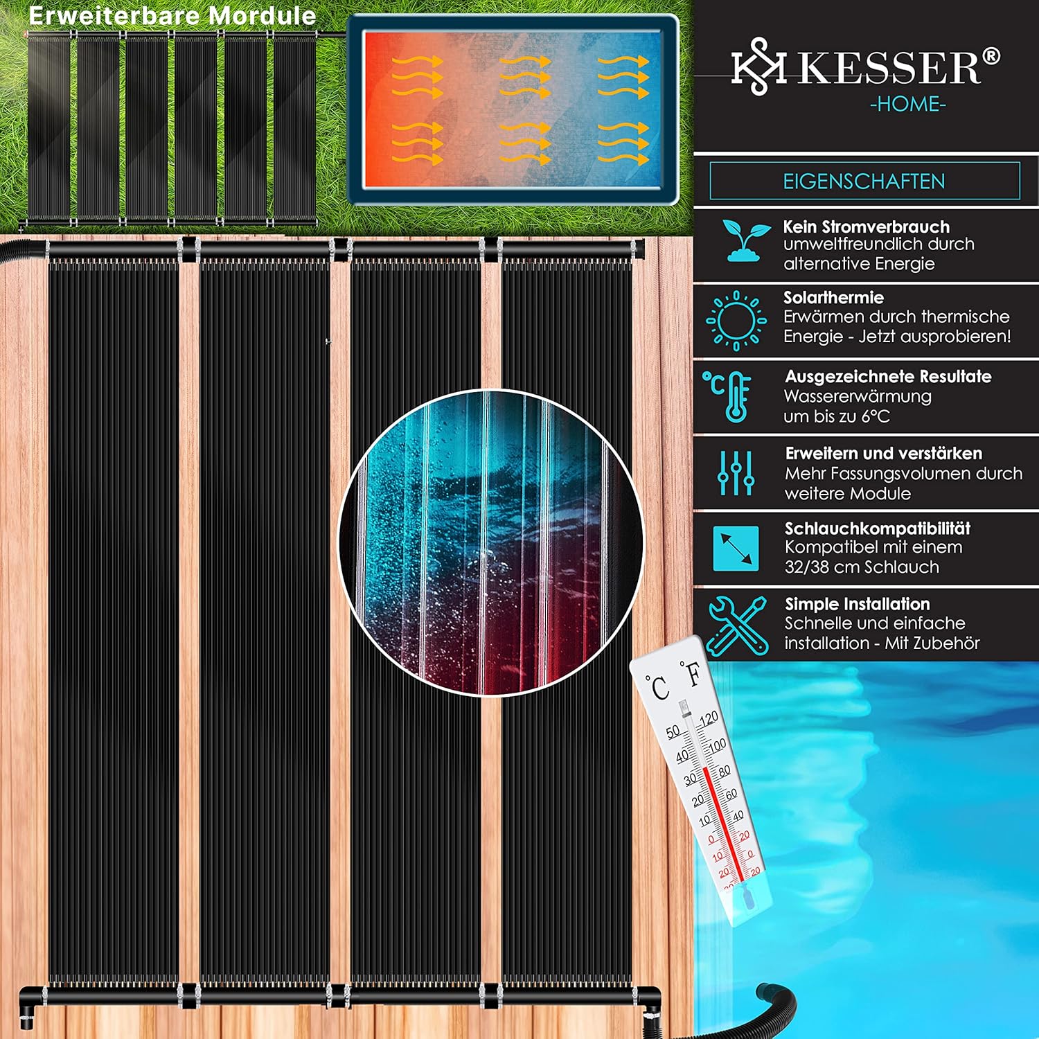 KESSER® Solarkollektor Poolheizung 600x140 cm, Pool Zubehör, Wärmepumpe Pool, Solar Poolheizer für Pools bis 48.000L, Pool Solarheizung erweiterbar, UV-beständiger Kunststoff, Schwimmbad Solarheizung — Ansicht 2