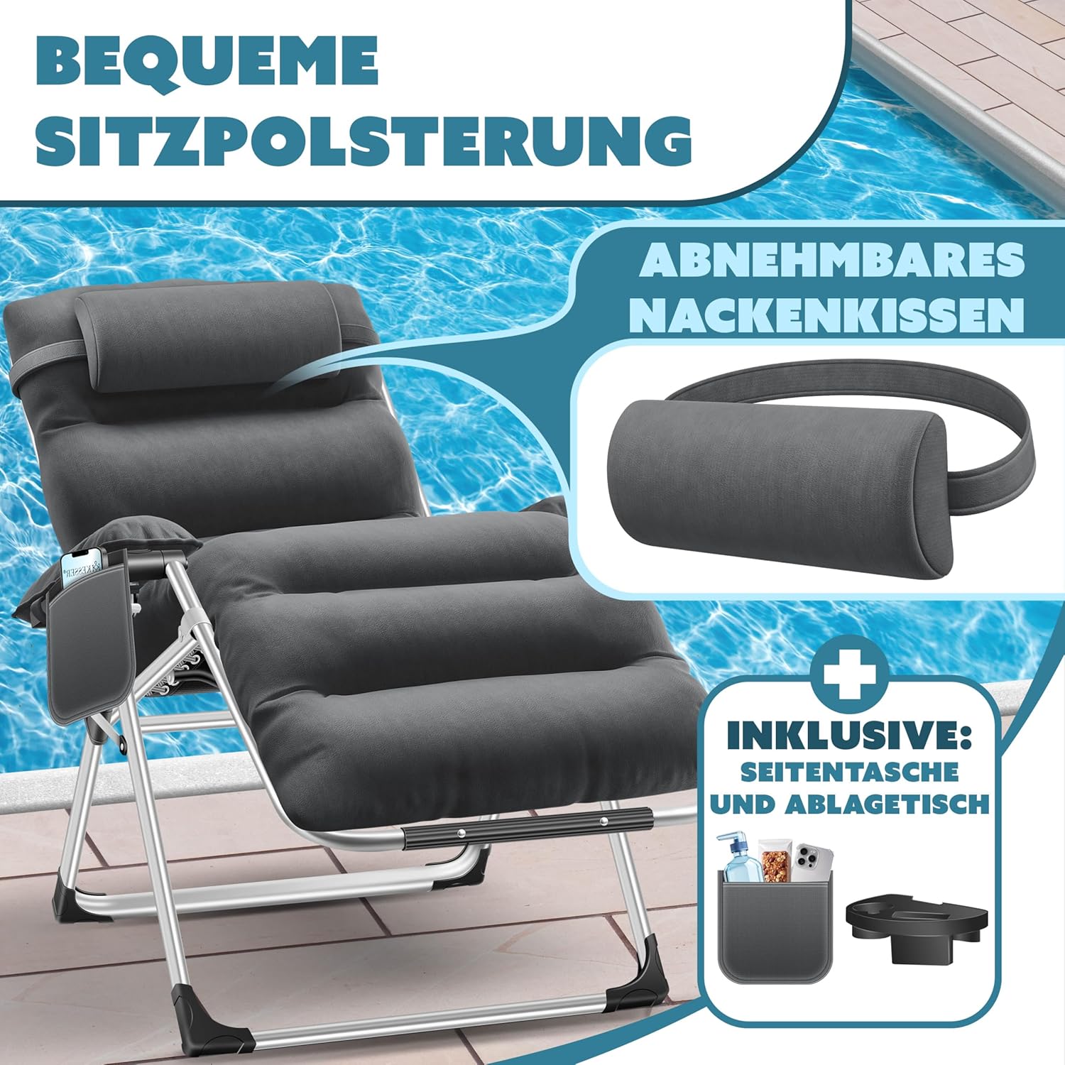 KESSER® Sonnenliege Liegestuhl,Gartenliege extra breit & Wetterfest,Belastbar 200kg,Ergonomisches Polster verstellbare Rückenlehne inkl. Nackenkissen Getränkehalter Armpolster & Seitentasche Anthrazit — Ansicht 3