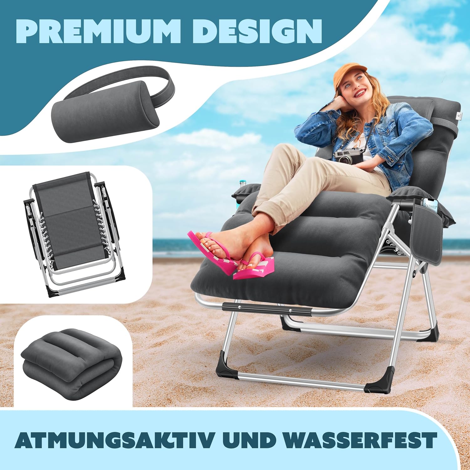 KESSER® Sonnenliege Liegestuhl,Gartenliege extra breit & Wetterfest,Belastbar 200kg,Ergonomisches Polster verstellbare Rückenlehne inkl. Nackenkissen Getränkehalter Armpolster & Seitentasche Anthrazit — Ansicht 4