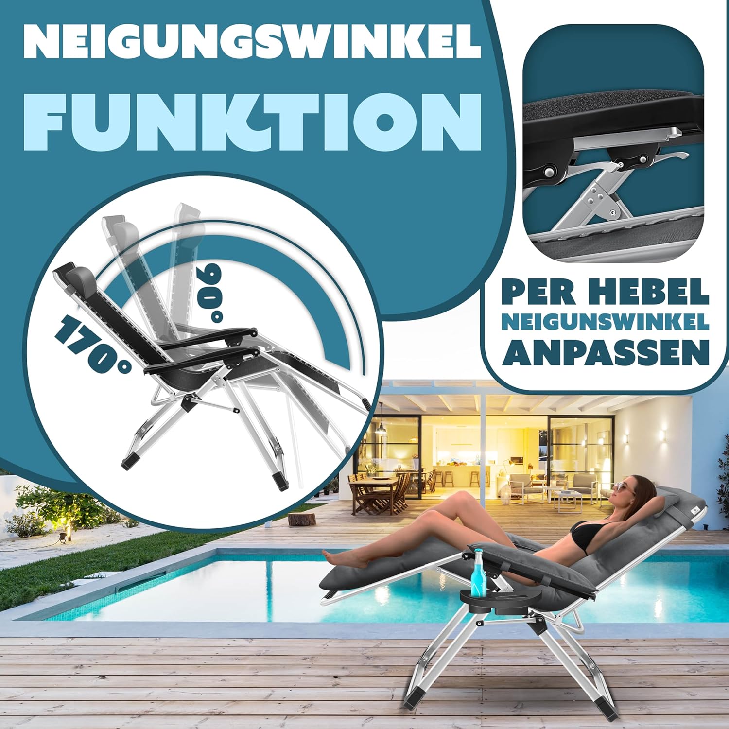 KESSER® Sonnenliege Liegestuhl,Gartenliege extra breit & Wetterfest,Belastbar 200kg,Ergonomisches Polster verstellbare Rückenlehne inkl. Nackenkissen Getränkehalter Armpolster & Seitentasche Anthrazit — Ansicht 6