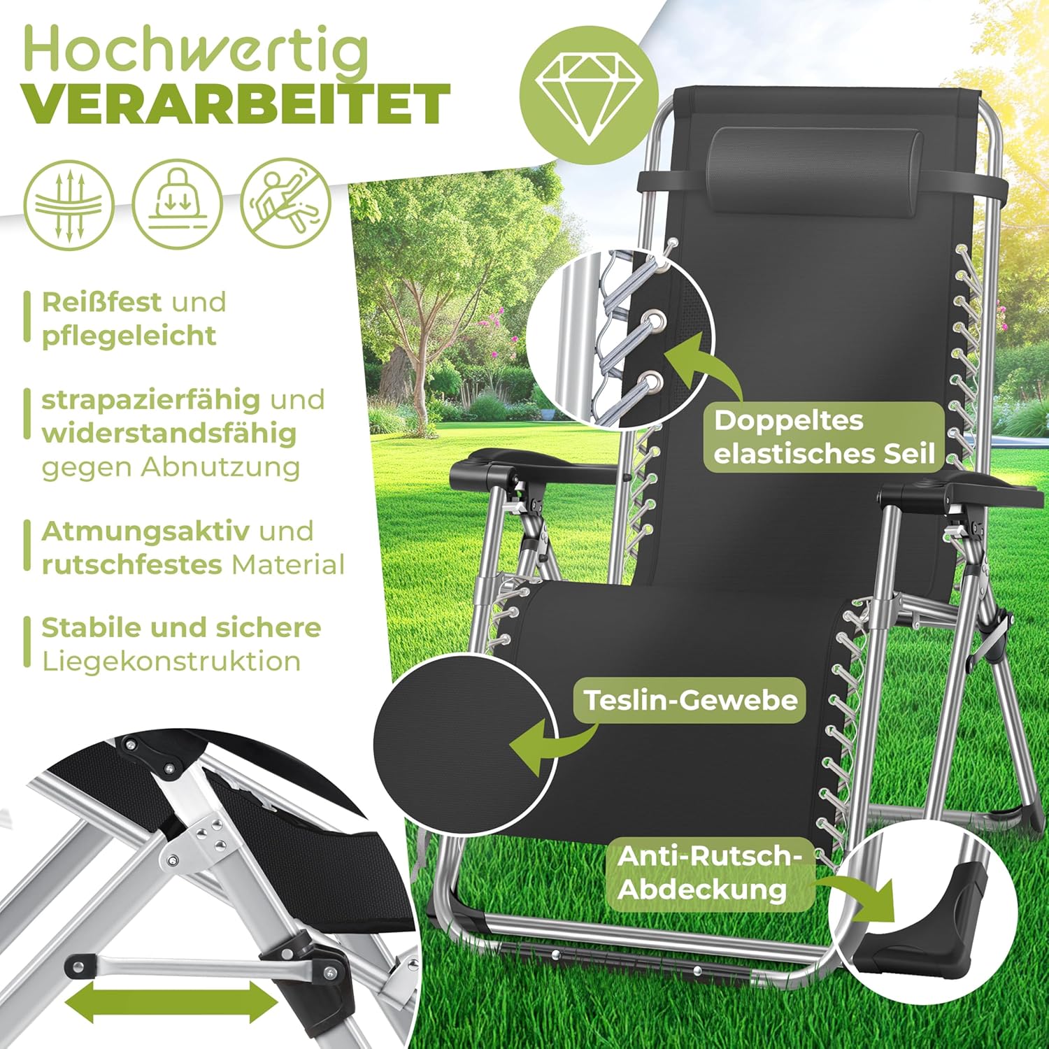 KESSER® Sonnenliege Liegestuhl Klappbar & Wetterfest, Gartenstuhl Belastbar 200kg Ergonomisches Polster Extra Breit Verstellbare Rückenlehne Gartenliege inkl. Nackenkissen & Getränkehalter, Schwarz — Ansicht 5