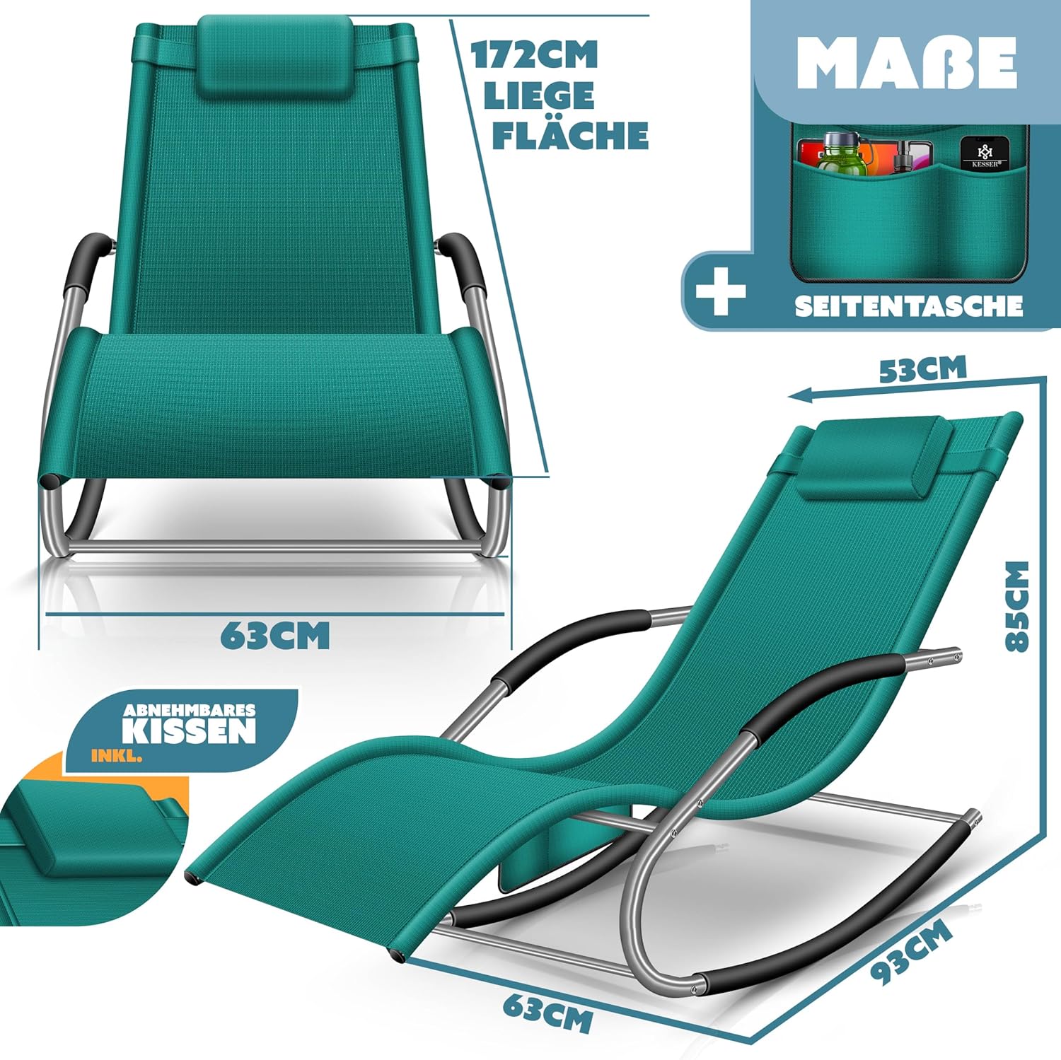 KESSER® Sonnenliege Relaxliege Schwungliege | Gartenliege | Gartenstuhl | Liegestuhl | Schaukelsessel | ergonomische Relaxsessel | Kopfkissen | wetterfest | 150 kg Belastung | Petrolgrün — Ansicht 2