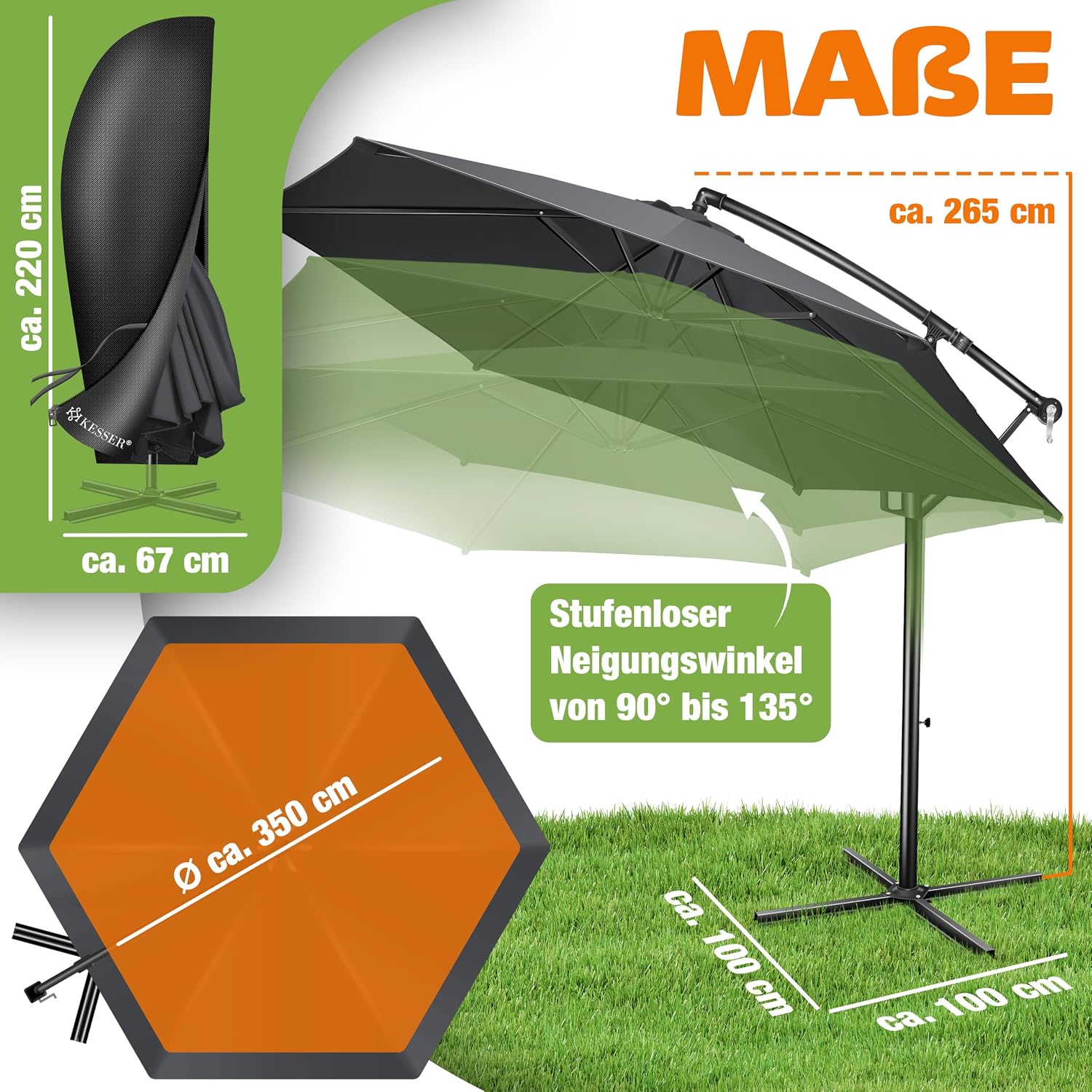 KESSER® Sonnenschirm Ø 350 cm, Ampelschirm mit Kurbel, für Balkon, Terrasse & Garten, Sonnenschutz, Gestell & Ständer aus Alu, UV-Schutz, wasserdicht + Windfest, 360° Funktion + Schutzhülle, Anthrazit — Ansicht 2