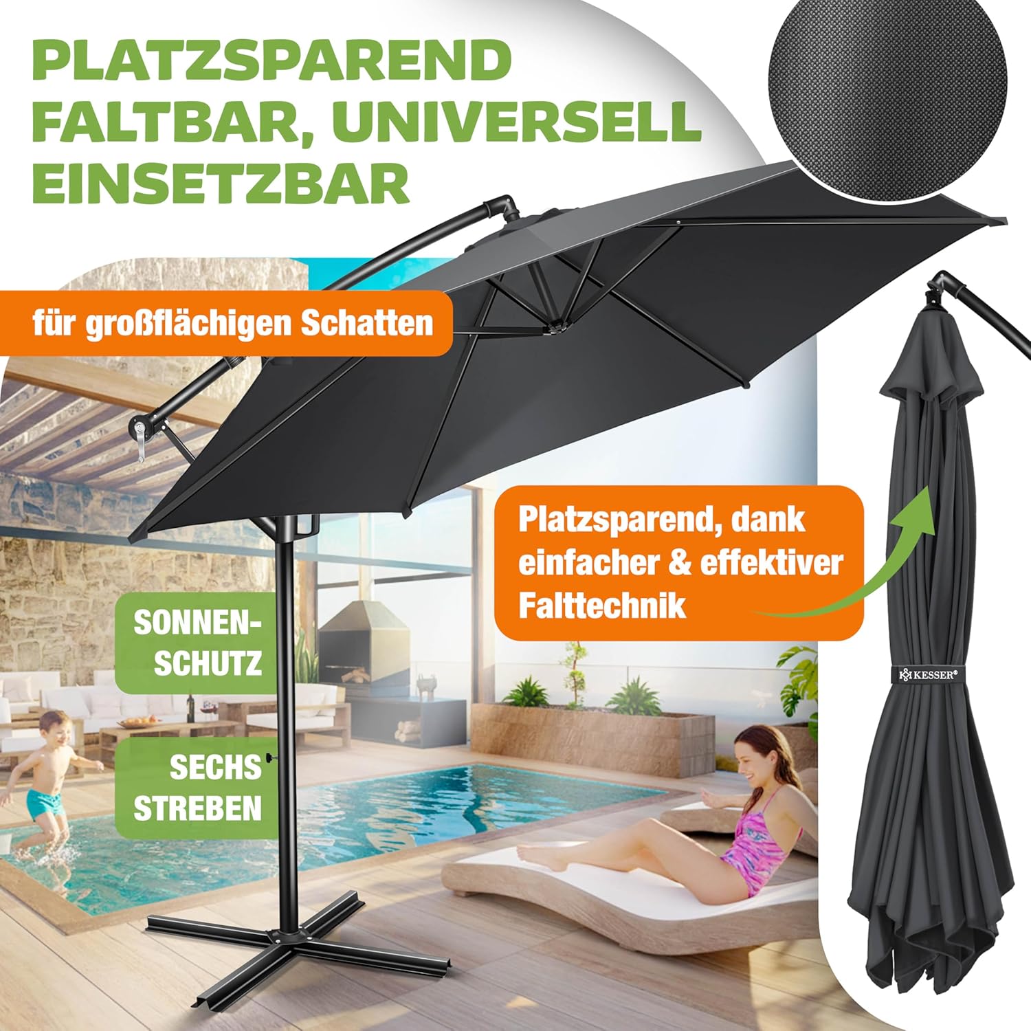 KESSER® Sonnenschirm Ø 350 cm, Ampelschirm mit Kurbel, für Balkon, Terrasse & Garten, Sonnenschutz, Gestell & Ständer aus Alu, UV-Schutz, wasserdicht + Windfest, 360° Funktion + Schutzhülle, Anthrazit — Ansicht 4