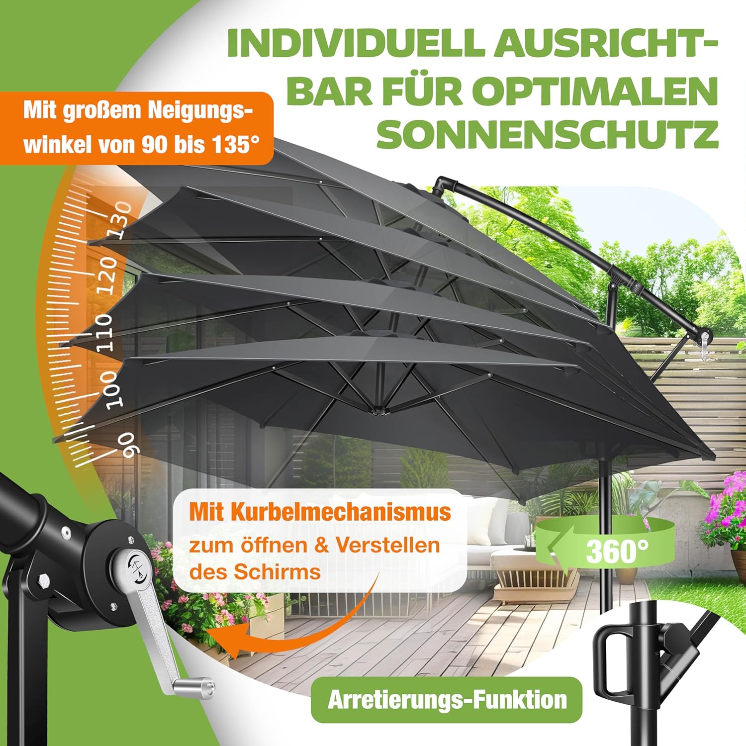 KESSER® Sonnenschirm Ø 350 cm, Ampelschirm mit Kurbel, für Balkon, Terrasse & Garten, Sonnenschutz, Gestell & Ständer aus Alu, UV-Schutz, wasserdicht + Windfest, 360° Funktion + Schutzhülle, Anthrazit — Ansicht 5