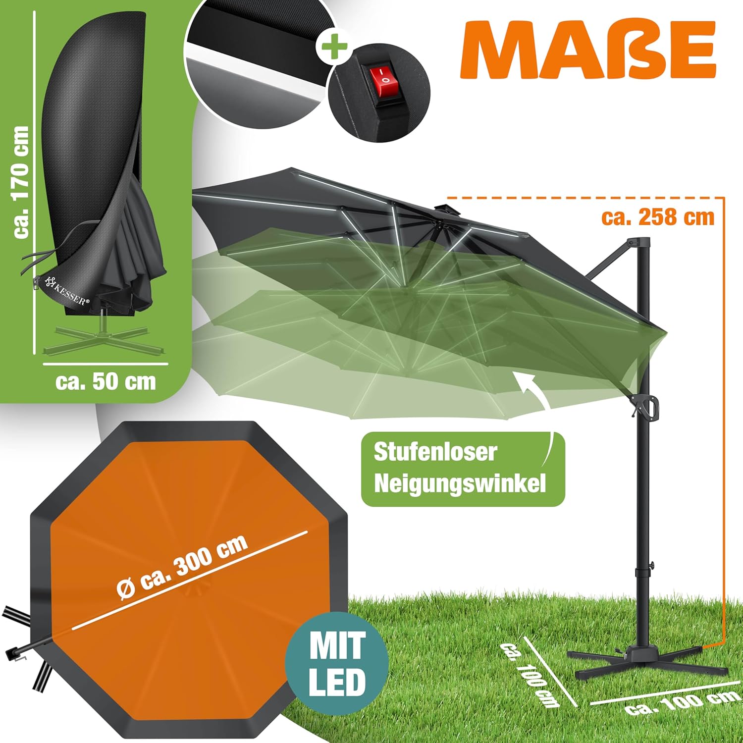 KESSER® Sonnenschirm Ampelschirm SUN Rund LED XL Ø330 cm, 7-Fach Verstellbar Drehbar Neigbar Kippbar Groß 360° Drehbar Gartenschirm mit Kurbel Sonnenschutz UV50+ Inkl. Windschutz & Abdeckung,Anthrazit — Ansicht 2