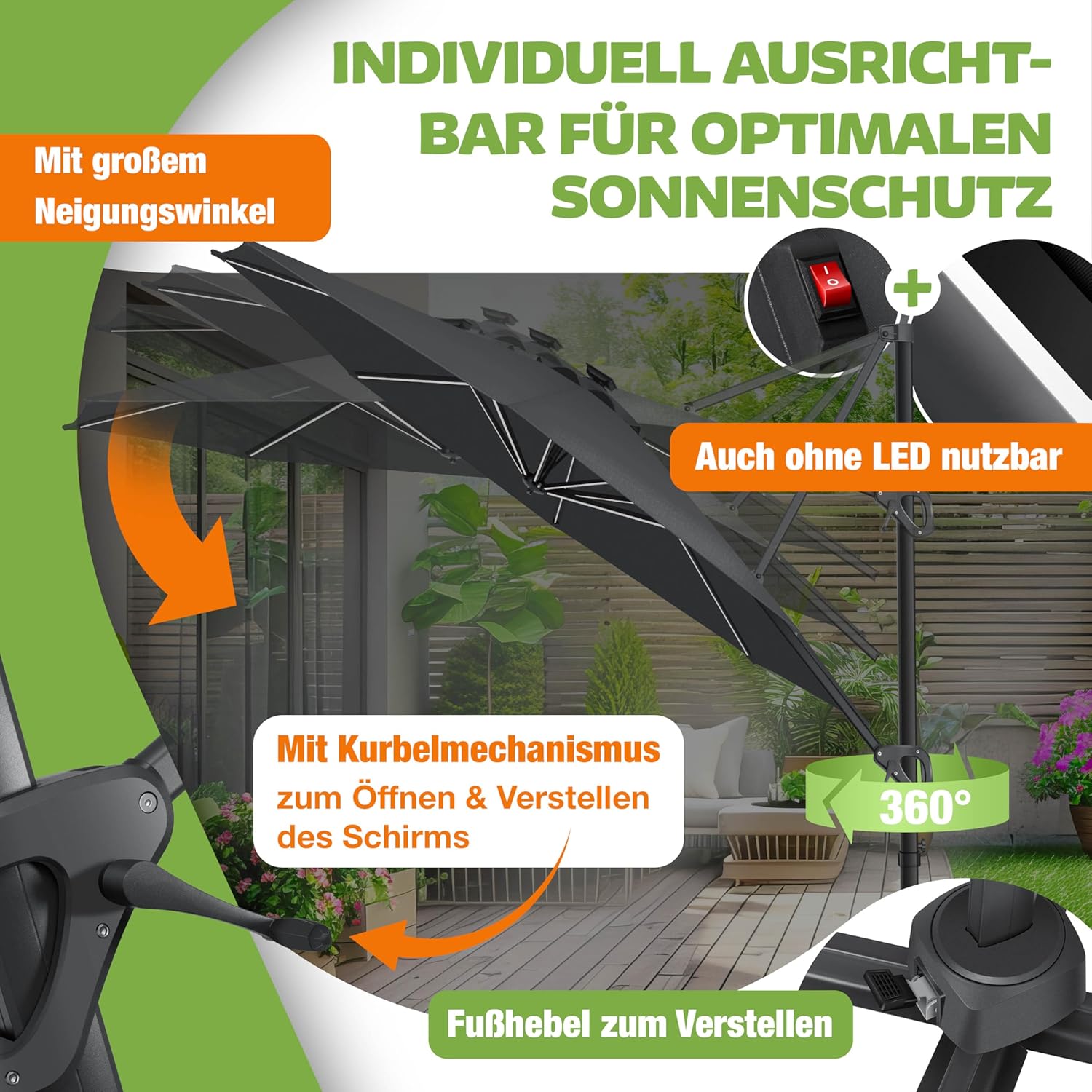 KESSER® Sonnenschirm Ampelschirm SUN Rund LED XL Ø330 cm, 7-Fach Verstellbar Drehbar Neigbar Kippbar Groß 360° Drehbar Gartenschirm mit Kurbel Sonnenschutz UV50+ Inkl. Windschutz & Abdeckung,Anthrazit — Ansicht 5