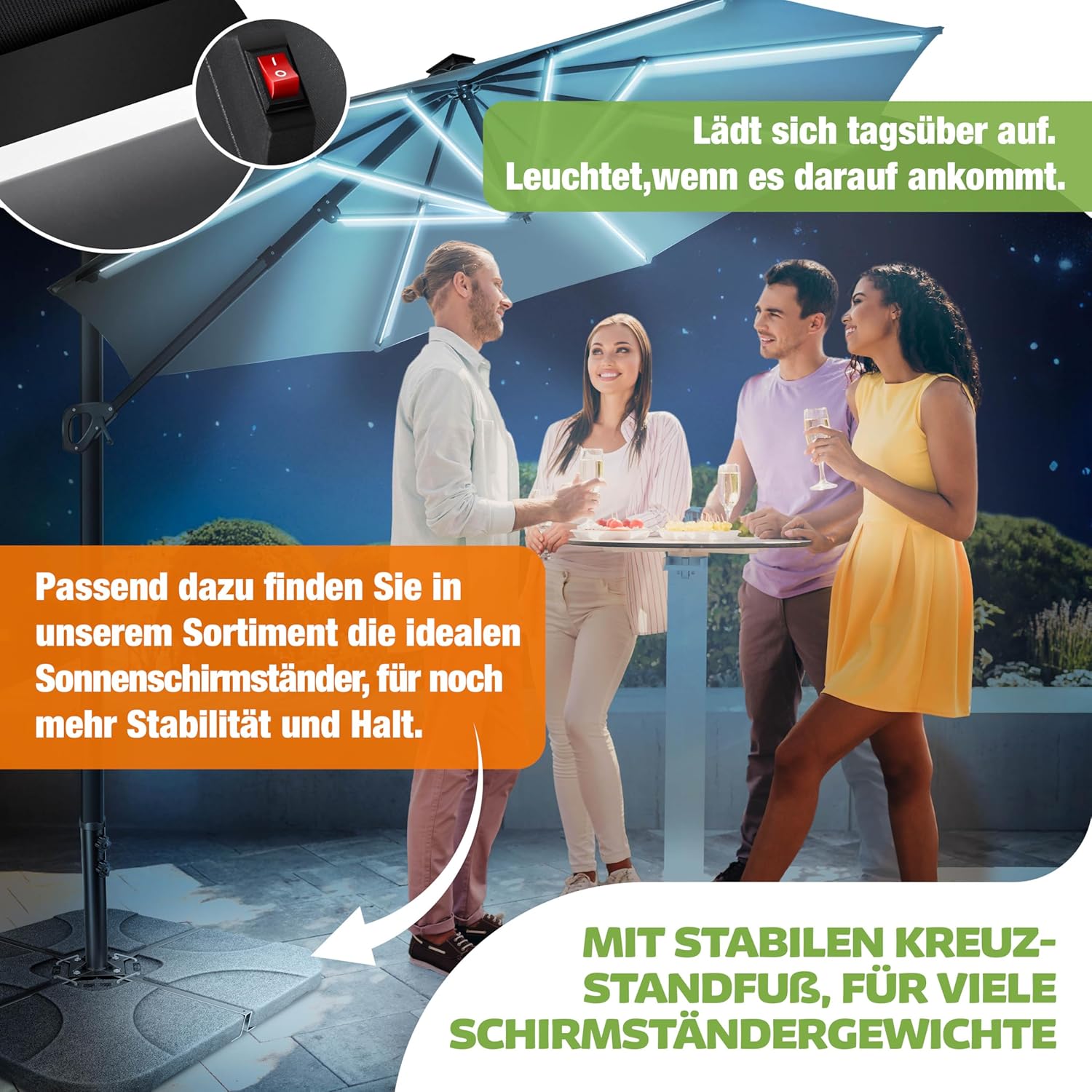 KESSER® Sonnenschirm Ampelschirm SUN Rund LED XL Ø330 cm, 7-Fach Verstellbar Drehbar Neigbar Kippbar Groß 360° Drehbar Gartenschirm mit Kurbel Sonnenschutz UV50+ Inkl. Windschutz & Abdeckung,Anthrazit — Ansicht 6