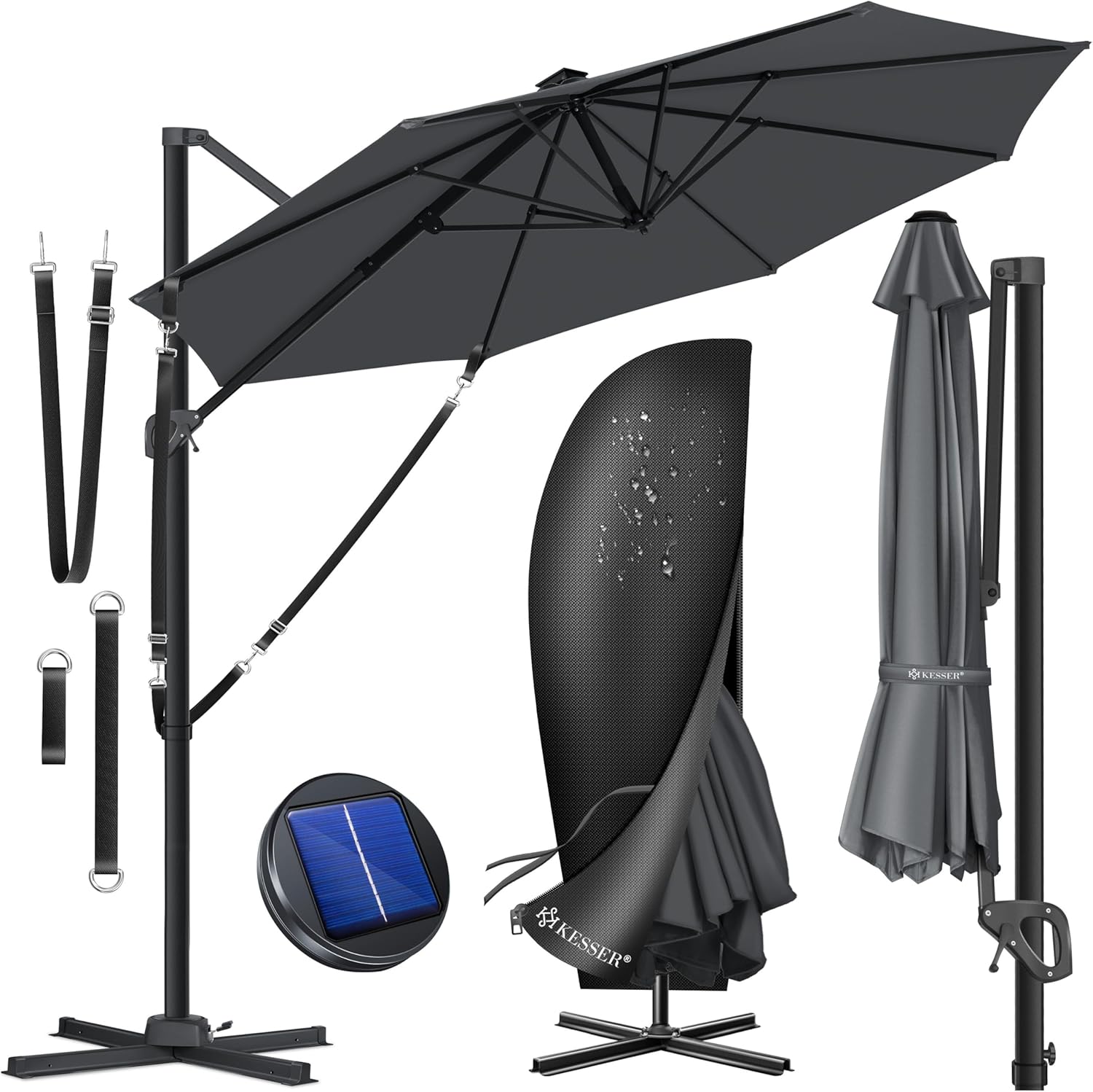 KESSER® Sonnenschirm Ampelschirm SUN Rund XL Ø330 cm Inkl. Abdeckung, 7-Fach Verstellbar Drehbar Neigbar Kippbar Groß 360° Drehbar Gartenschirm mit Kurbel Sonnenschutz UV50+ Anthrazit