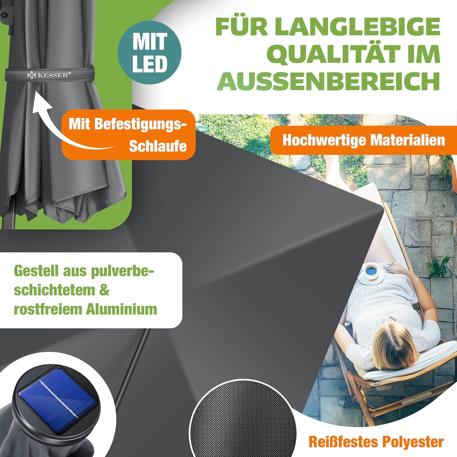 KESSER® Sonnenschirm Ampelschirm SUN XL 300 x 300 cm Inkl. Abdeckung + Windsicherung Drehbar Neigbar Kippbar Marktschirm Groß 360° Rotation, Gartenschirm mit Kurbel Sonnenschutz UV50+, Anthrazit — Ansicht 3