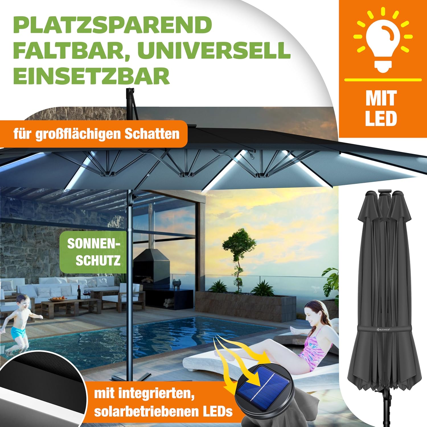 KESSER® Sonnenschirm Doppelsonnenschirm 4,6m x 2,7m | Ampelschirm Abdeckung & Windsicherung mit Kurbel & Ständer | Kurbelschirm Aluminium wasserabweisend | Neigbar Kippbar 360° Drehbar — Ansicht 4
