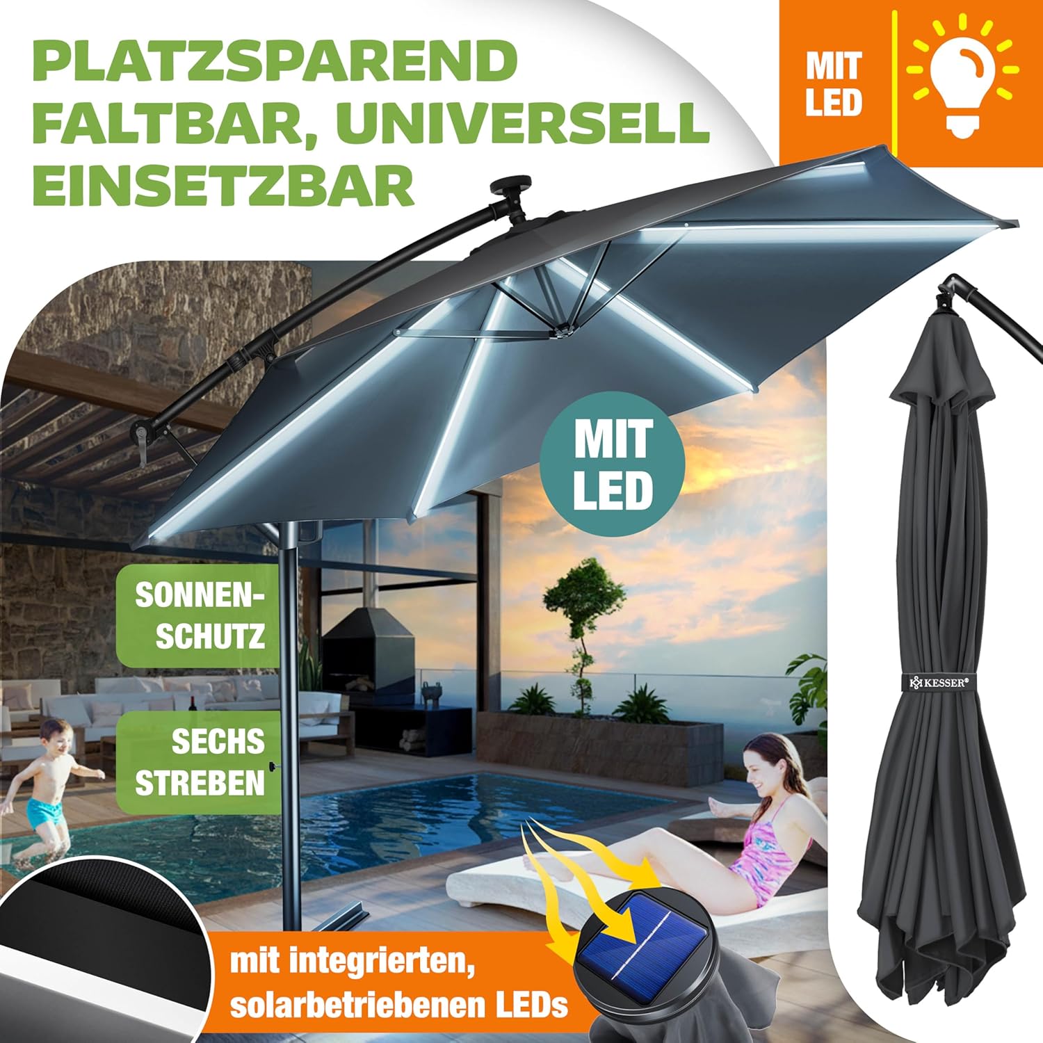 KESSER® Sonnenschirm Solar Ø 300 cm/Ø 350 cm mit LED Beleuchtung, Ampelschirm mit Kurbel, Garten, Sonnenschutz, Gestell & Ständer aus Alu, UV-Schutz, wasserdicht + Windfest, 360° Funktion + Hülle — Ansicht 4