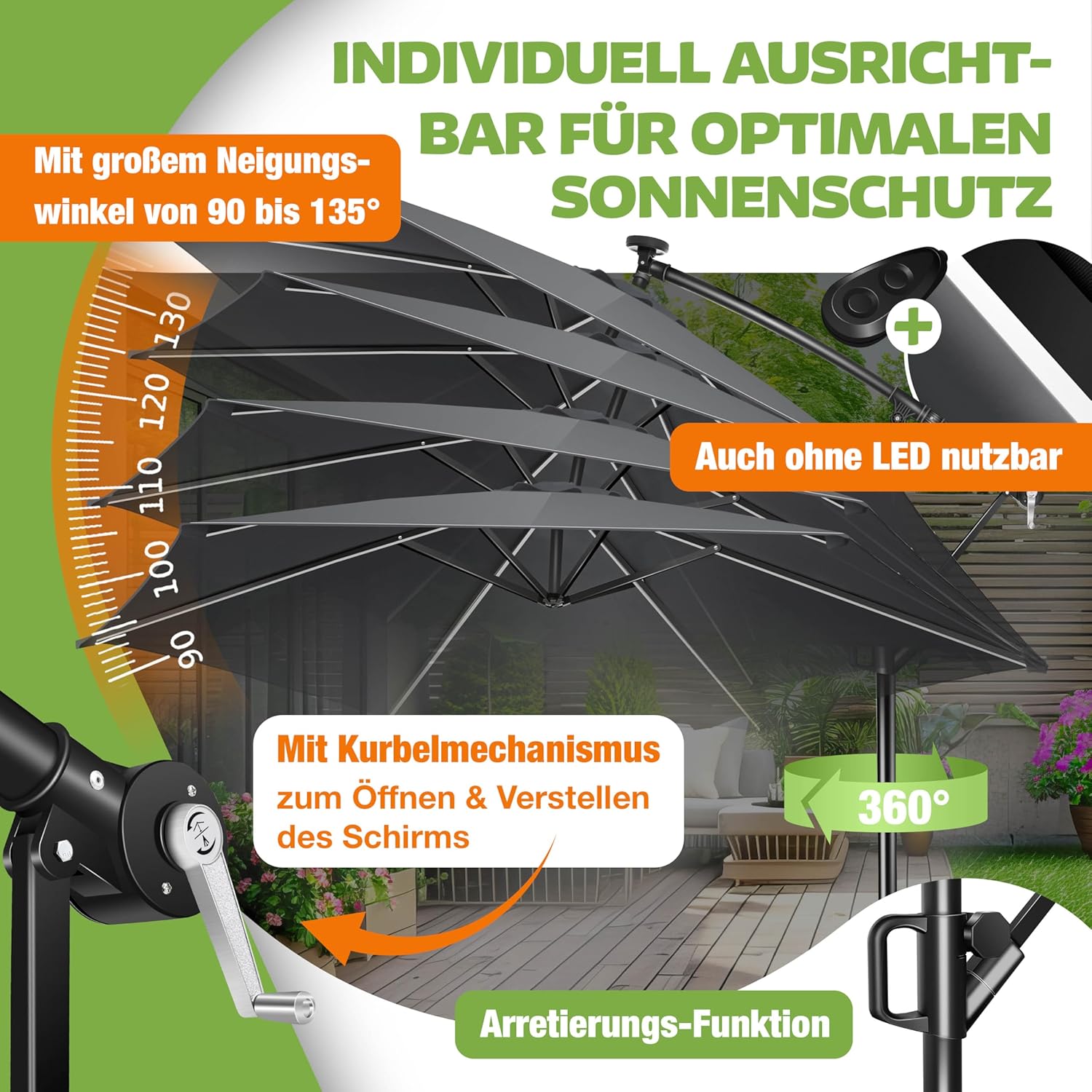 KESSER® Sonnenschirm Solar Ø 300 cm/Ø 350 cm mit LED Beleuchtung, Ampelschirm mit Kurbel, Garten, Sonnenschutz, Gestell & Ständer aus Alu, UV-Schutz, wasserdicht + Windfest, 360° Funktion + Hülle — Ansicht 5