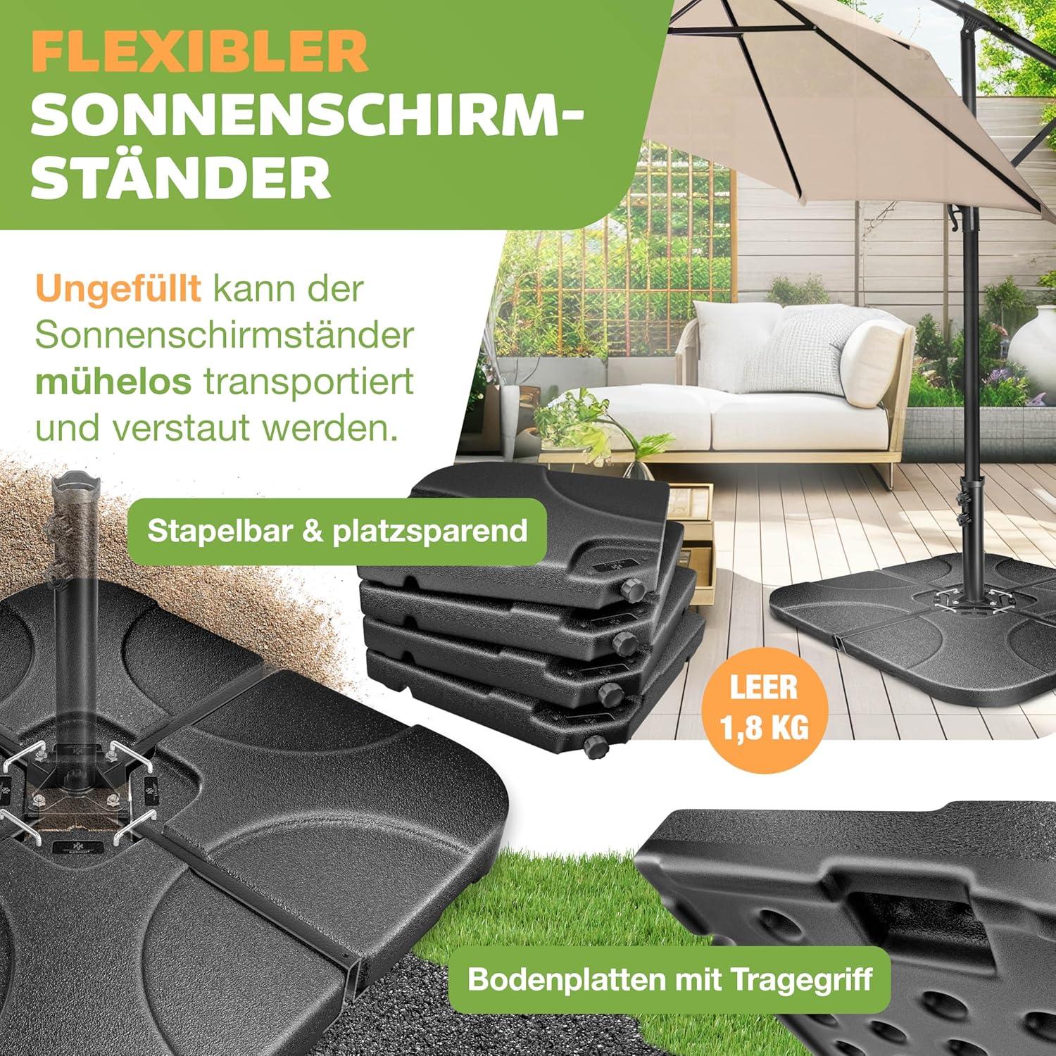 KESSER® Sonnenschirmständer 4-teilig Schirmgewicht Schirmständer für Ampelschirm Bodenkreuz 60 Liter / 80 kg befüllbar mit Wasser oder Sand Inkl. Metallverbinder Ampelschirmständer Kunststoff, — Ansicht 2