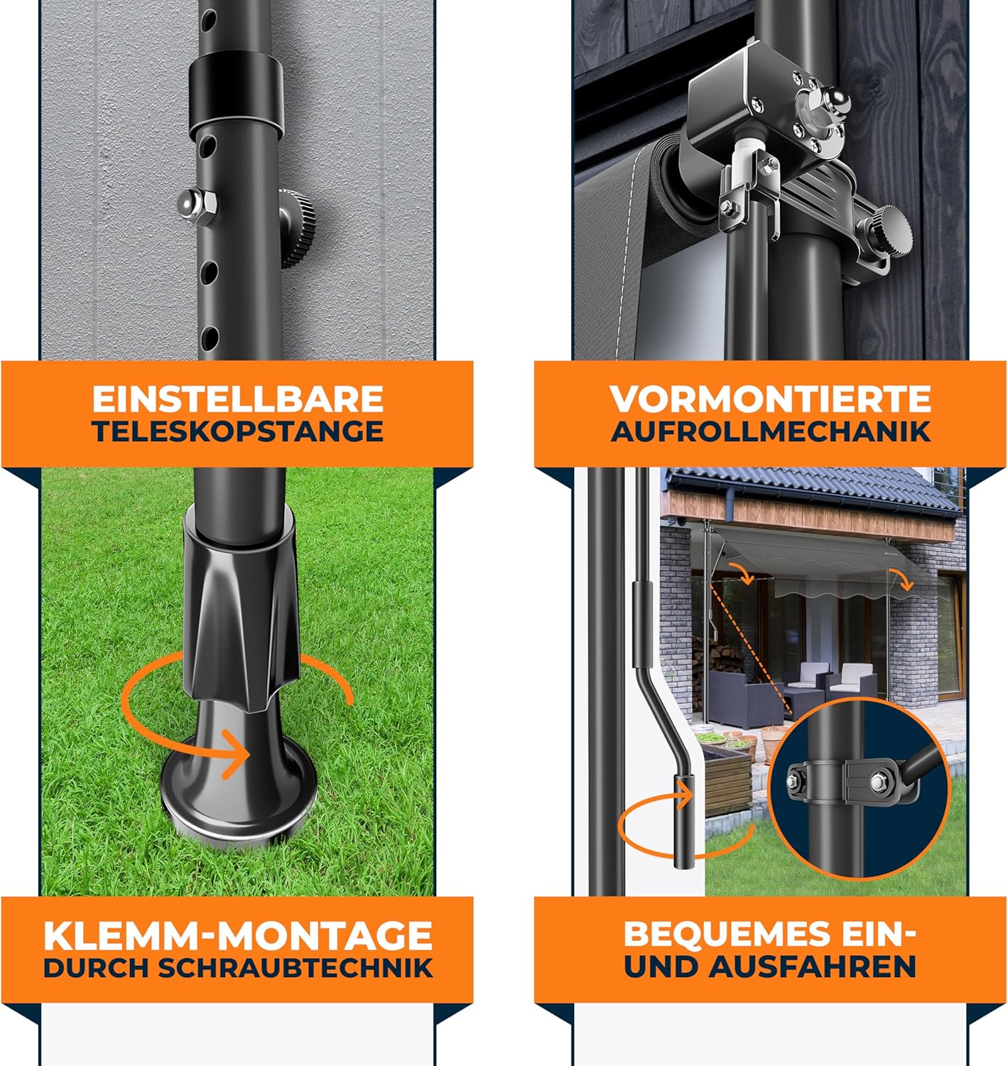 KESSER® Sonnenschutz Markise manuell ausziehbar 300cm | Sonnensegel UV Schutz Sonnenschutz | Klemmmarkise für Outdoor, Terrasse, Balkon, Garten höhenverstellbar ohne Bohren, Anthrazit — Ansicht 3