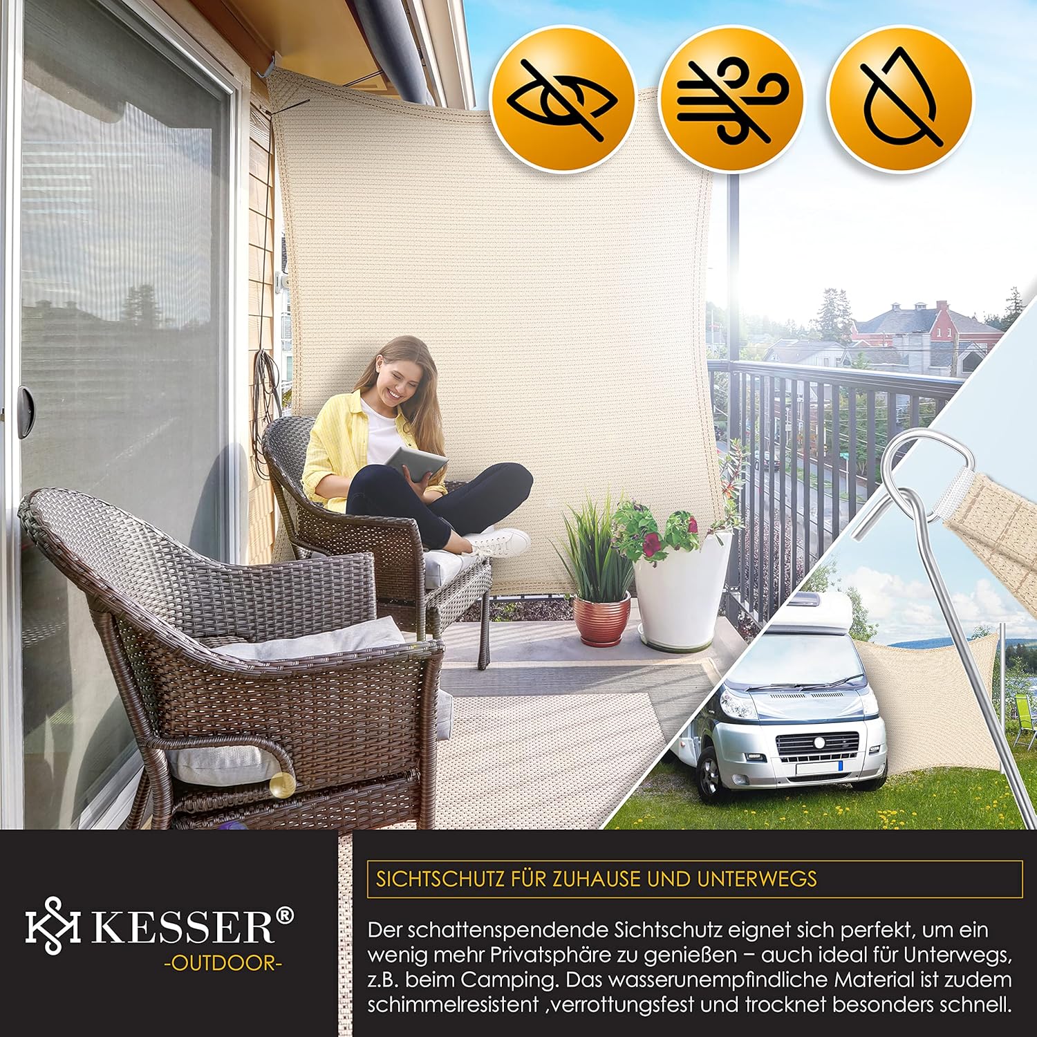 KESSER® Sonnensegel Sonnenschutz Windschutz | HDPE Gewebe | wasserabweisend & windabweisend | Quadrat 3x3m | 5-Fach quer vernäht robust & stabil Schattenspender Garten Balkon Terrasse Creme — Ansicht 5