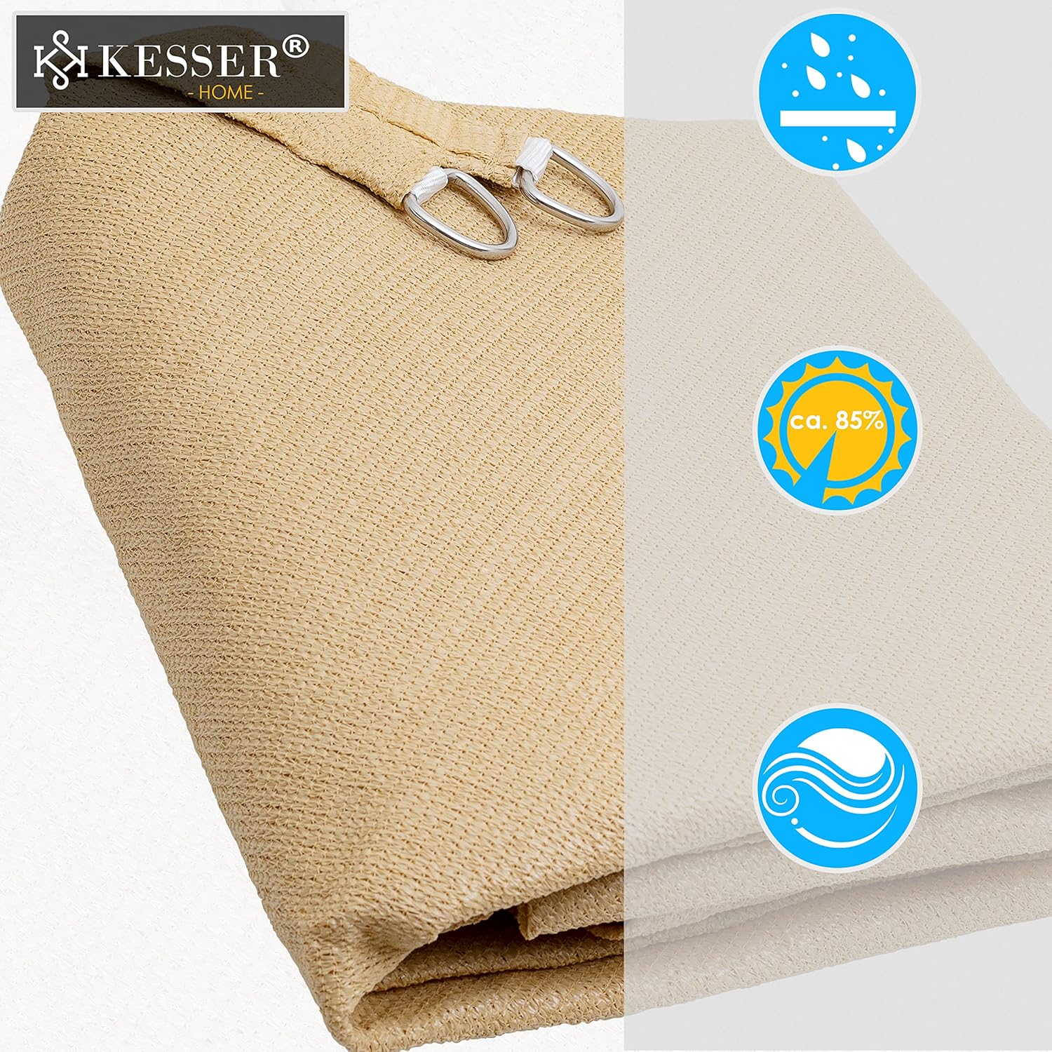 KESSER® Sonnensegel Sonnenschutz Windschutz | wasserabweisend & windabweisend | 5-Fach quer vernäht robust & stabil Schattenspender Garten Balkon Terrasse | Rechteck Creme 2x2 m HDPE — Ansicht 2