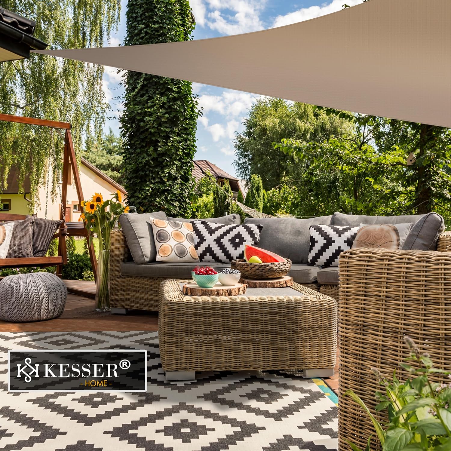 KESSER® Sonnensegel Sonnenschutz Windschutz | wasserabweisend & windabweisend | 5-Fach quer vernäht robust & stabil Schattenspender Garten Balkon Terrasse | Rechteck Creme 2x2 m HDPE — Ansicht 6