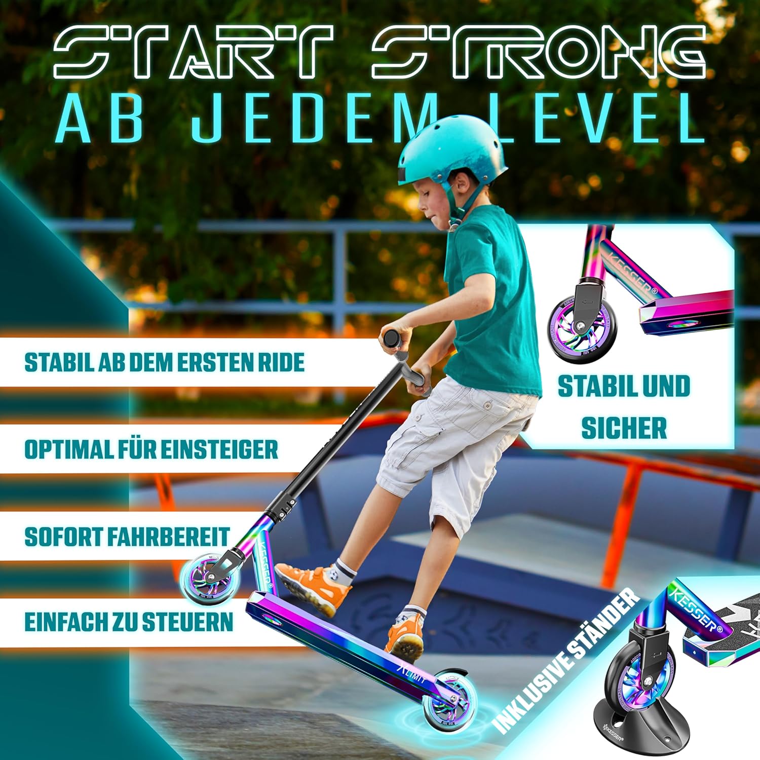 KESSER® Stunt Scooter X-Limit - 360° Lenkung Robuster Funscooter Stuntscooter mit ABEC 9 Kugellagern, 100 mm PU Räder, Kickscooter Tretroller Cityroller Trick Roller für Kinder Erwachsene — Ansicht 3