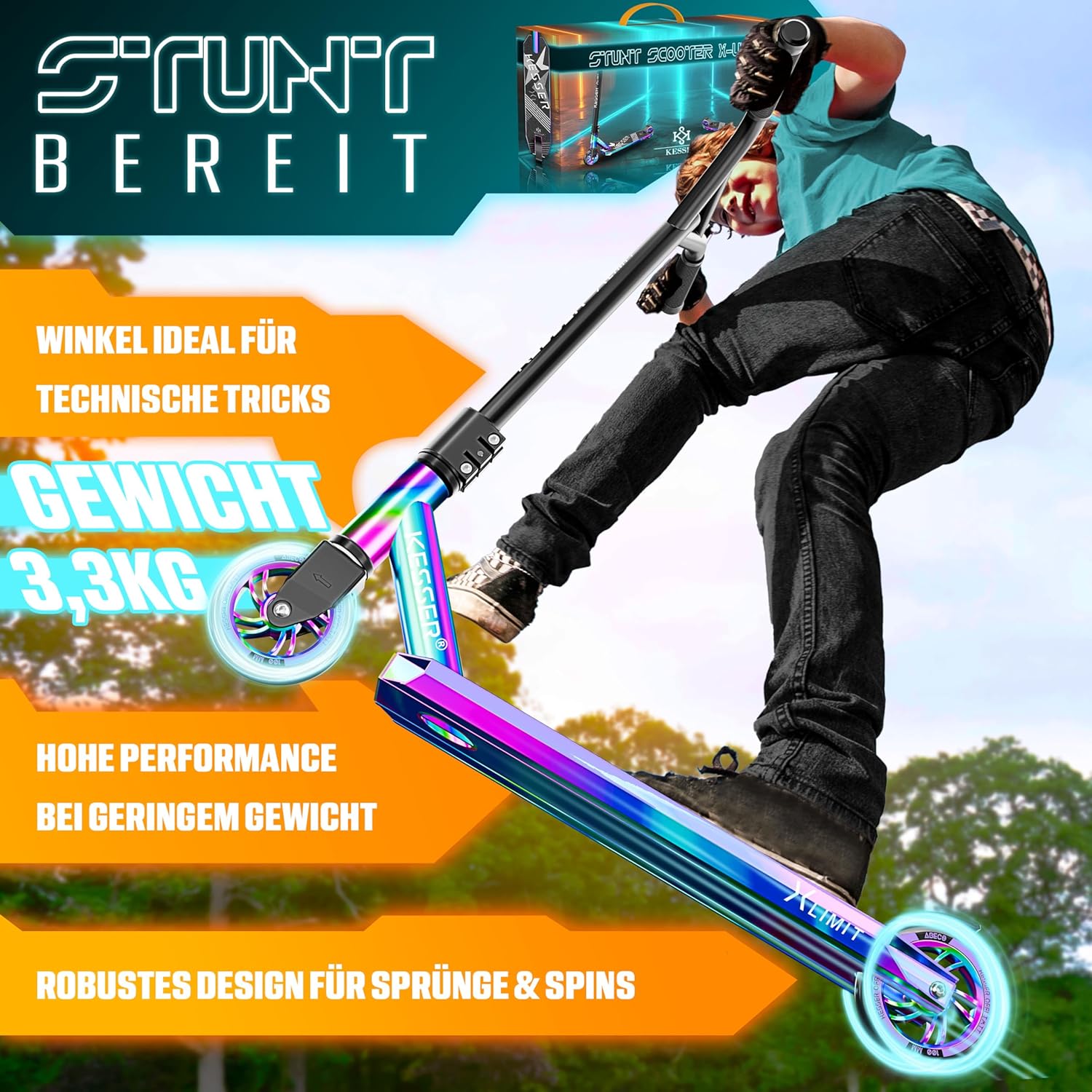 KESSER® Stunt Scooter X-Limit - 360° Lenkung Robuster Funscooter Stuntscooter mit ABEC 9 Kugellagern, 100 mm PU Räder, Kickscooter Tretroller Cityroller Trick Roller für Kinder Erwachsene — Ansicht 4