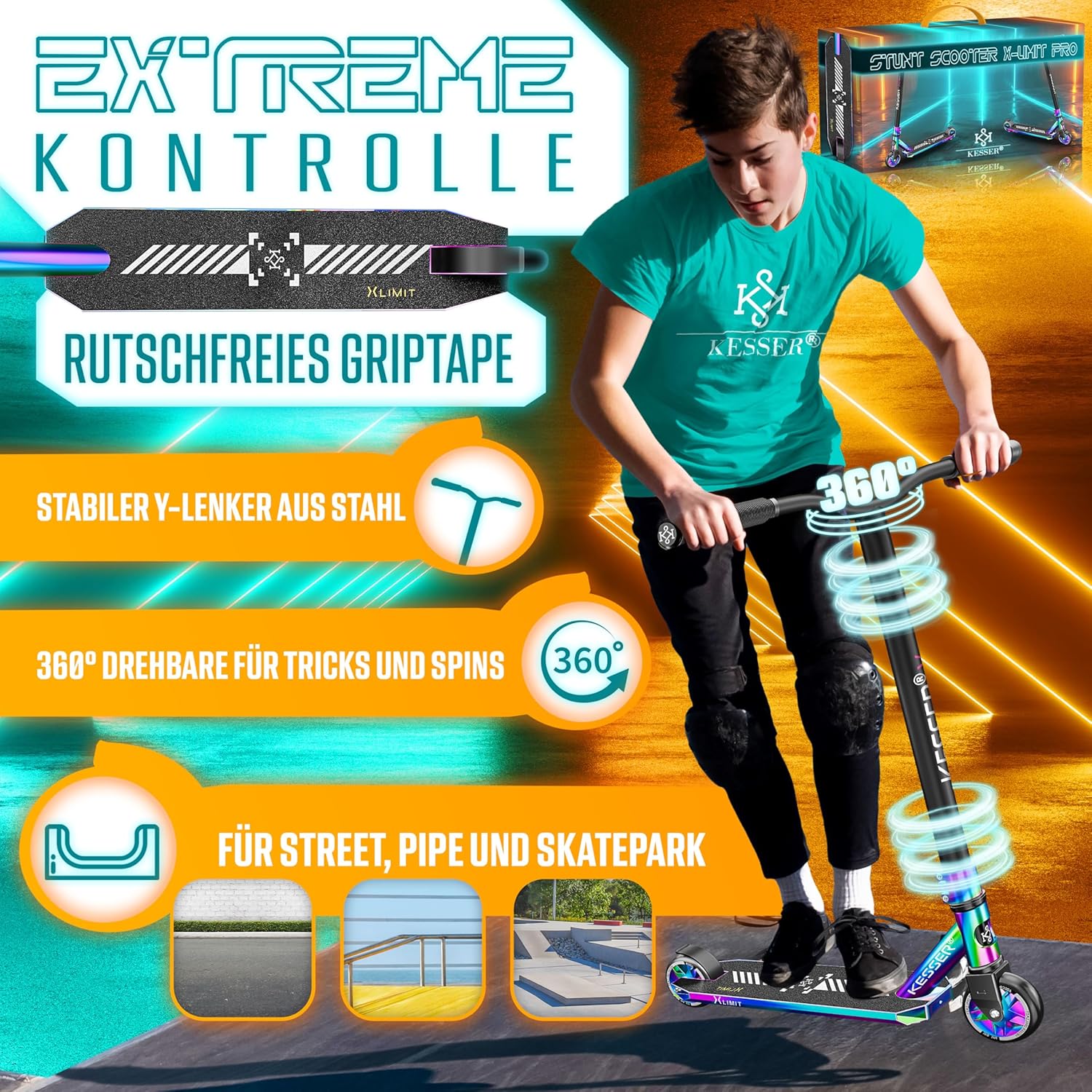 KESSER® Stunt Scooter X-Limit-Pro 360° Lenkung Funscooter Stuntscooter mit Ständer ABEC 9 Kugellagern, 110mm PU Räder, Kickscooter Tretroller Cityroller Trick Roller für Kinder Erwachsene — Ansicht 2
