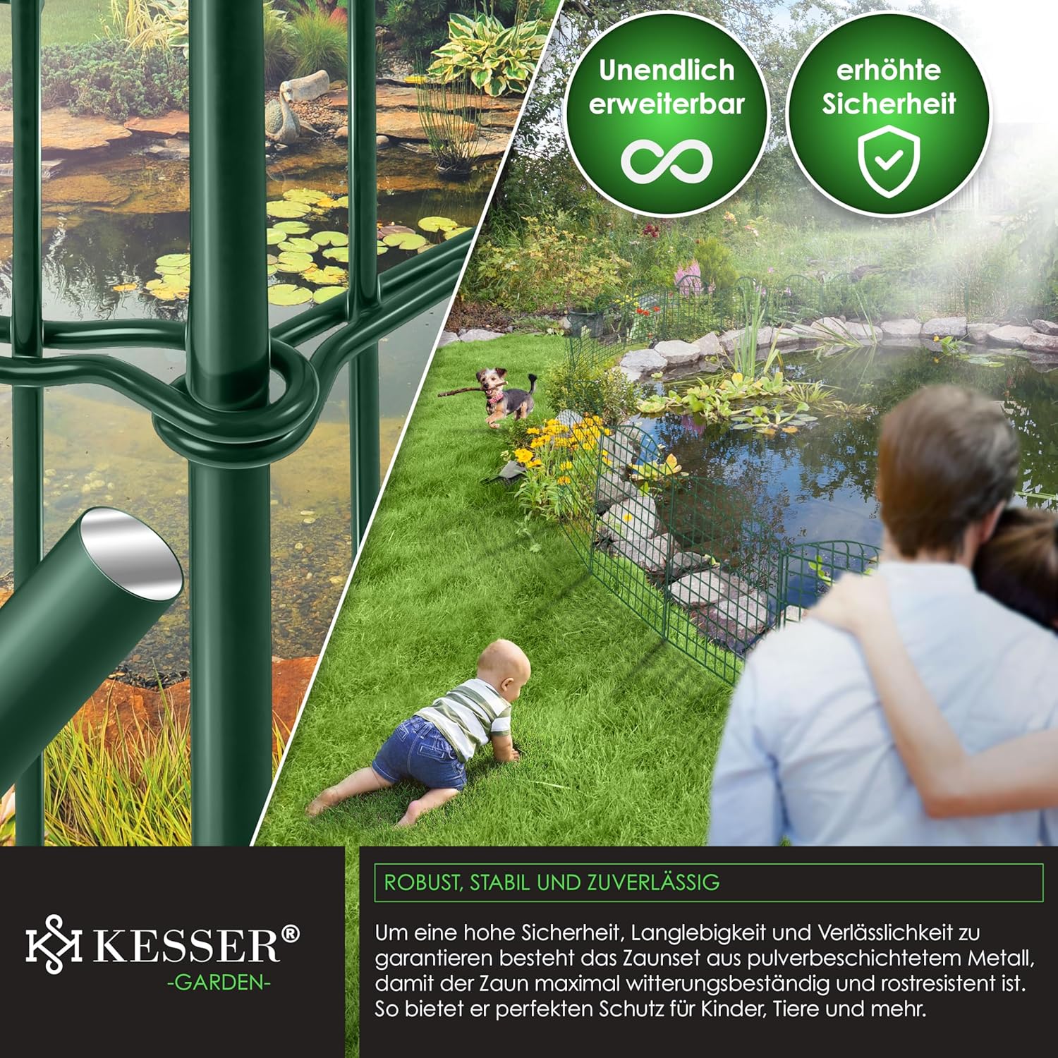 KESSER® Teichzaun Gartenzaun Steckzaun Komplettset Metall 10x Oberbogen Rund Inkl. Handschuhe, 2x Hammer + 12 Befestigungsstäben, Zaun zum stecken für Garten, Gitterzaun Set Freigehege für Tiere — Ansicht 6