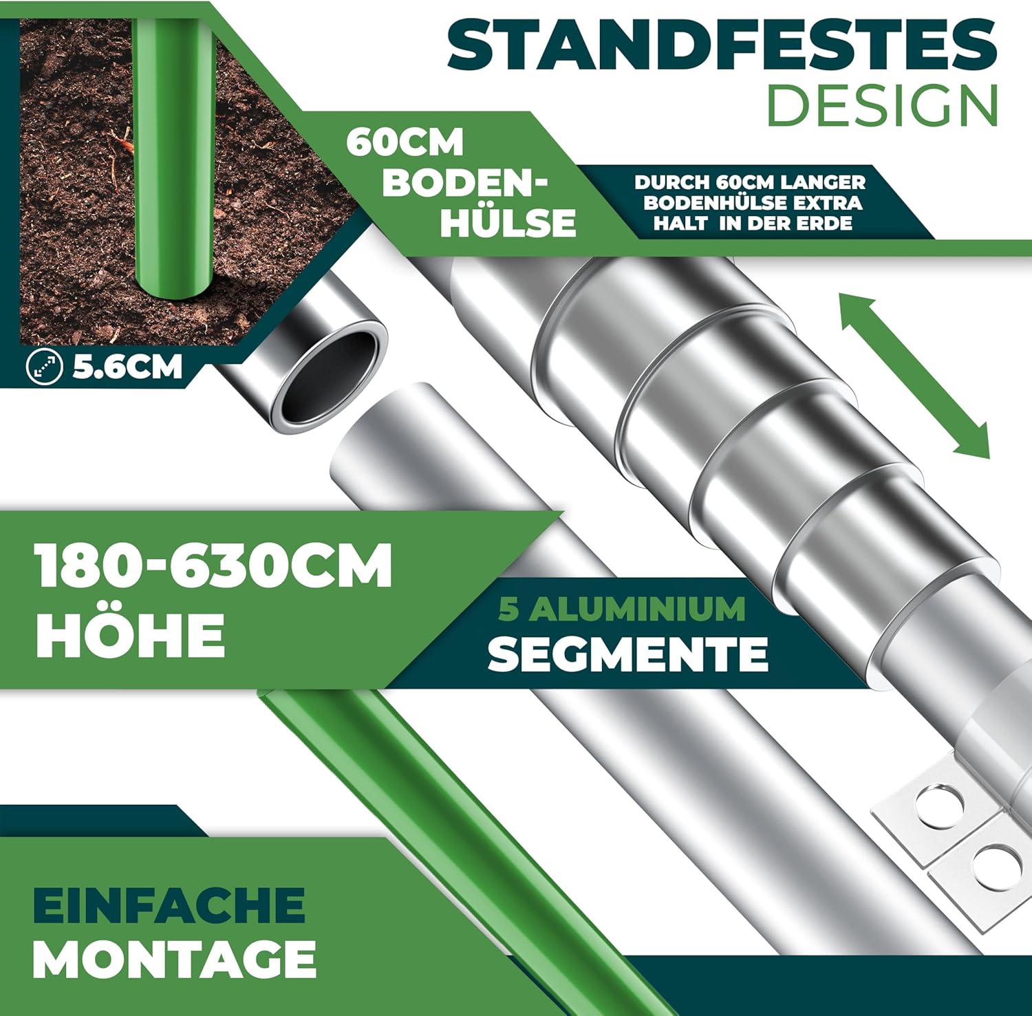 KESSER® Teleskop Fahnenmast Aluminium 6,30m Bodenhülse 60cm inkl Deutschlandfahne Höhenverstellbar Flaggenmast Mast Deutschland Flagge Alu (Silber) — Ansicht 3