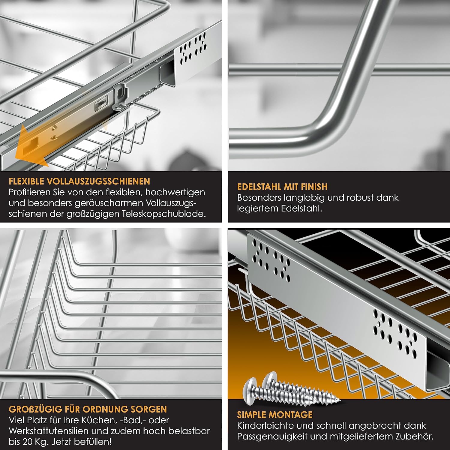 KESSER® Teleskopschublade 4er Set 60cm Schrankbreite verchromt aus Edelstahl Schubladeneinsatz für Küchenschrank Korbauszug Schrankauszug, Silber — Ansicht 3