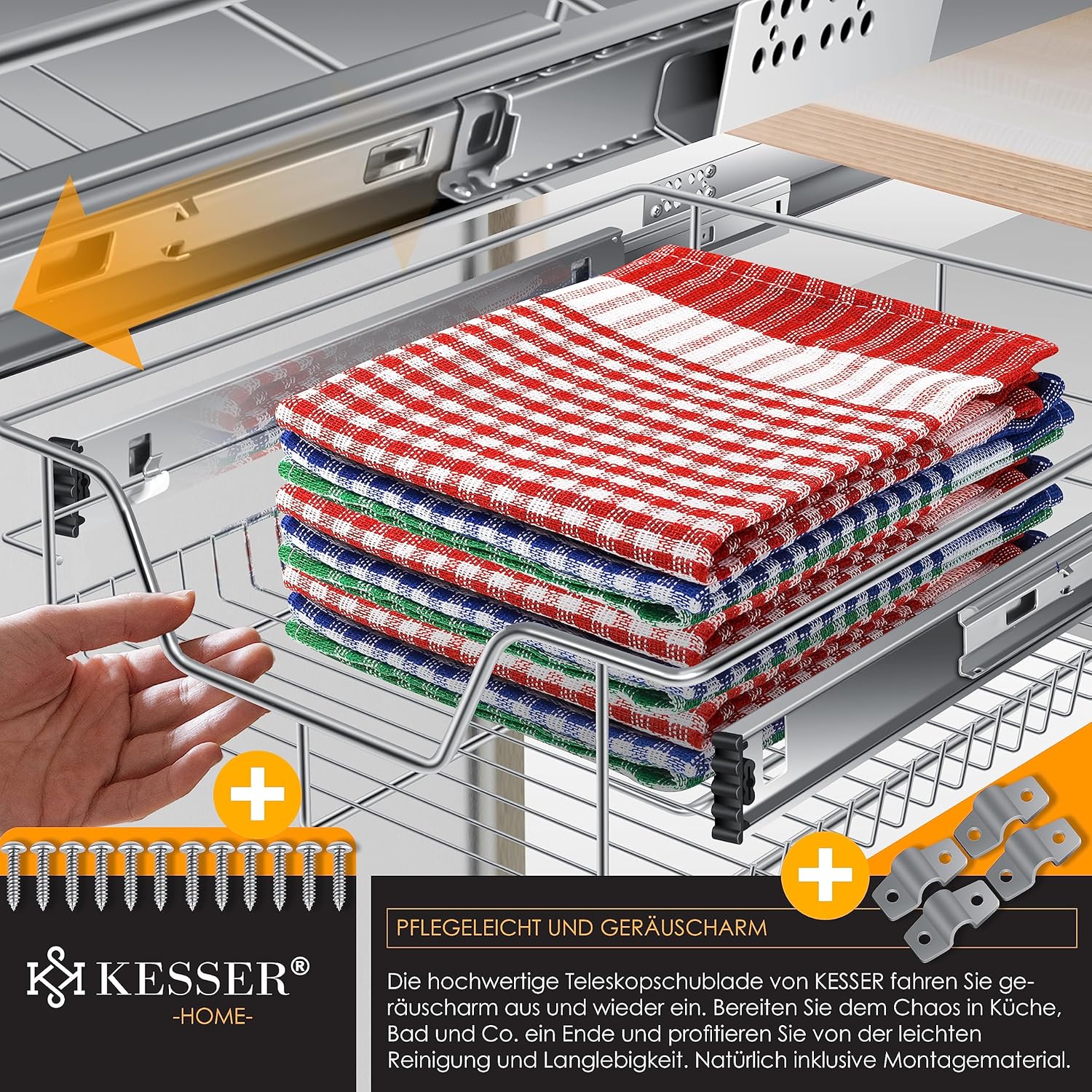KESSER® Teleskopschublade 4er Set 60cm Schrankbreite verchromt aus Edelstahl Schubladeneinsatz für Küchenschrank Korbauszug Schrankauszug, Silber — Ansicht 6