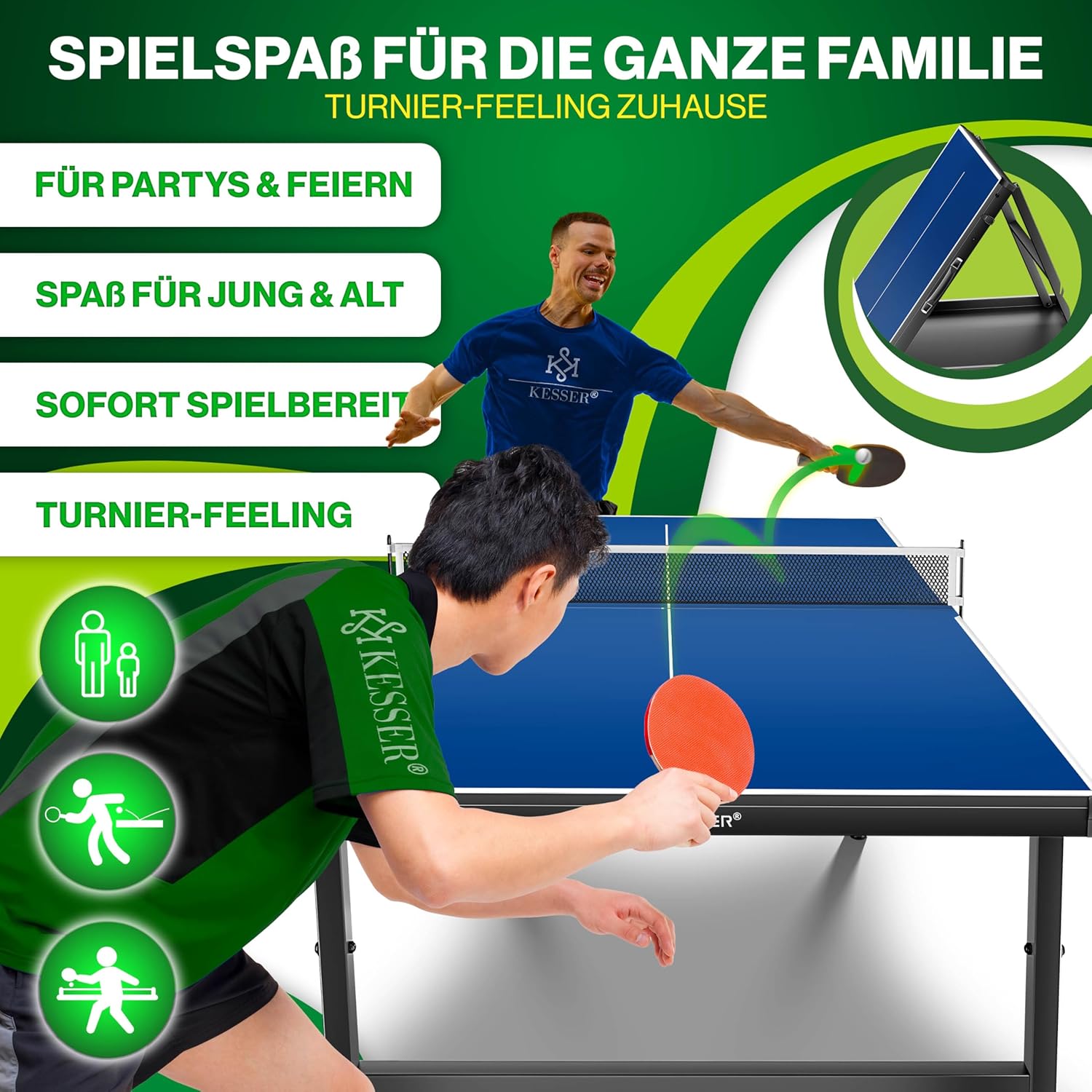 KESSER® Tischtennisplatte Mini mit Tischtennisschläger-Set, Tischtennisbällen und TT-Netz | Indoor | Unterwegs, laminierte Platte + klappbar – Kofferdesign, Kinder und Erwachsene – 153 x 76,5 cm — Ansicht 4