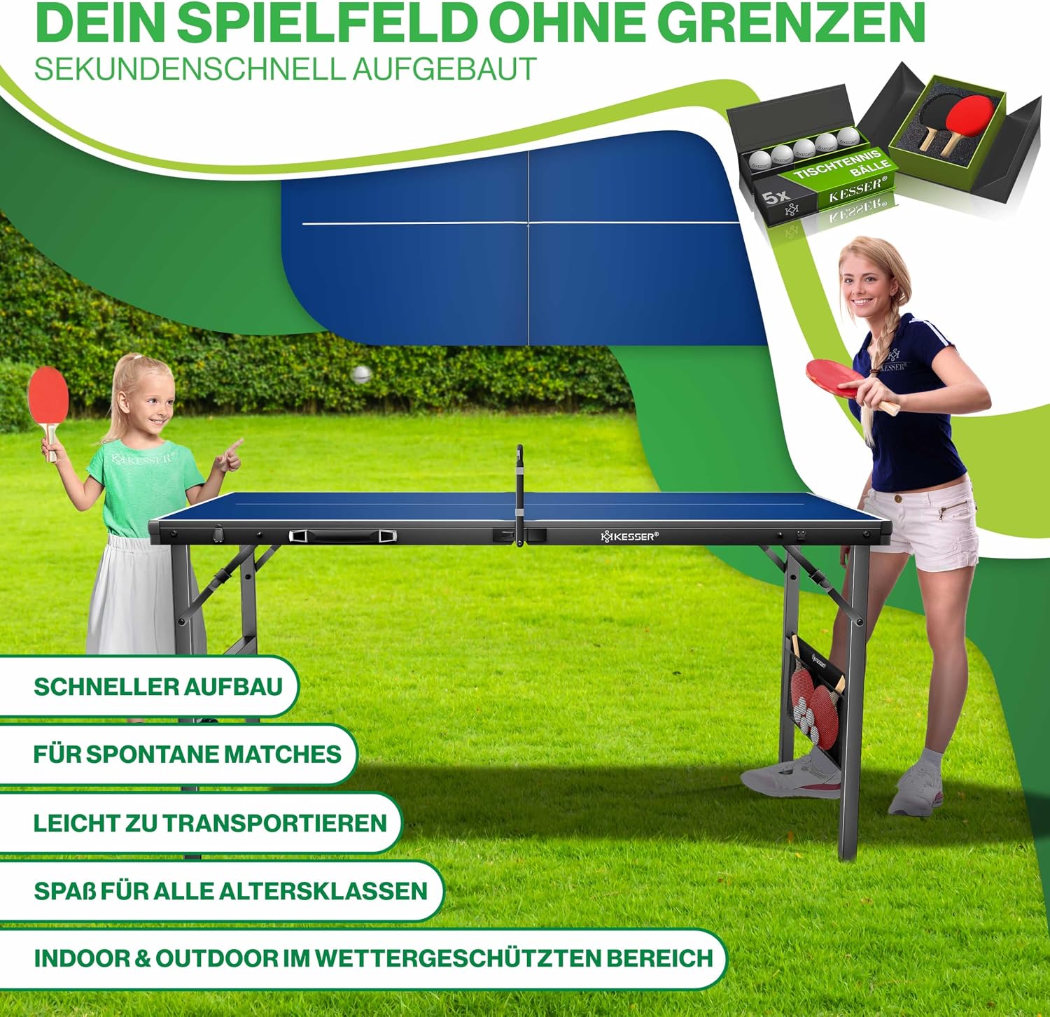 KESSER® Tischtennisplatte Mini mit Tischtennisschläger-Set, Tischtennisbällen und TT-Netz | Indoor | Unterwegs, laminierte Platte + klappbar – Kofferdesign, Kinder und Erwachsene – 153 x 76,5 cm — Ansicht 5
