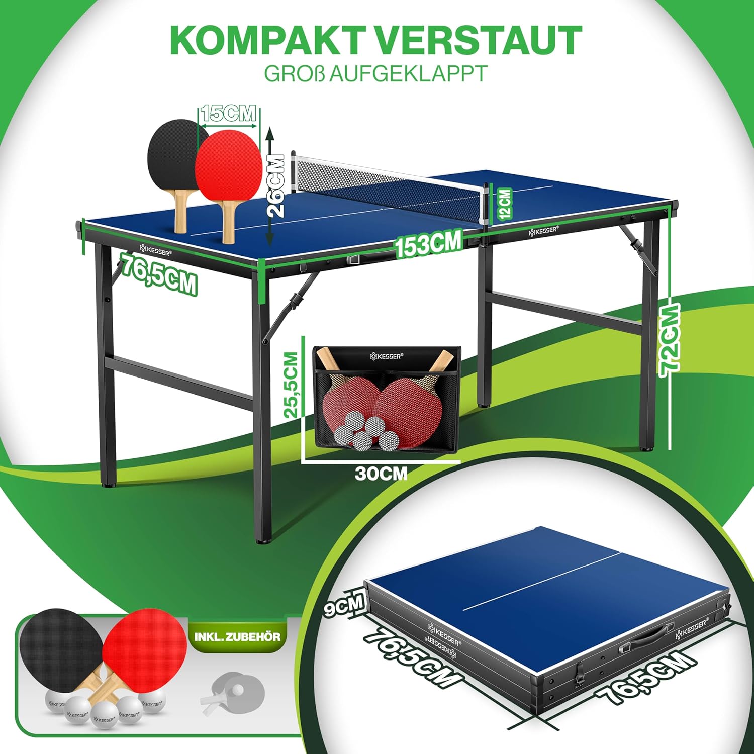 KESSER® Tischtennisplatte Mini mit Tischtennisschläger-Set, Tischtennisbällen und TT-Netz | Indoor | Unterwegs, laminierte Platte + klappbar – Kofferdesign, Kinder und Erwachsene – 153 x 76,5 cm — Ansicht 6