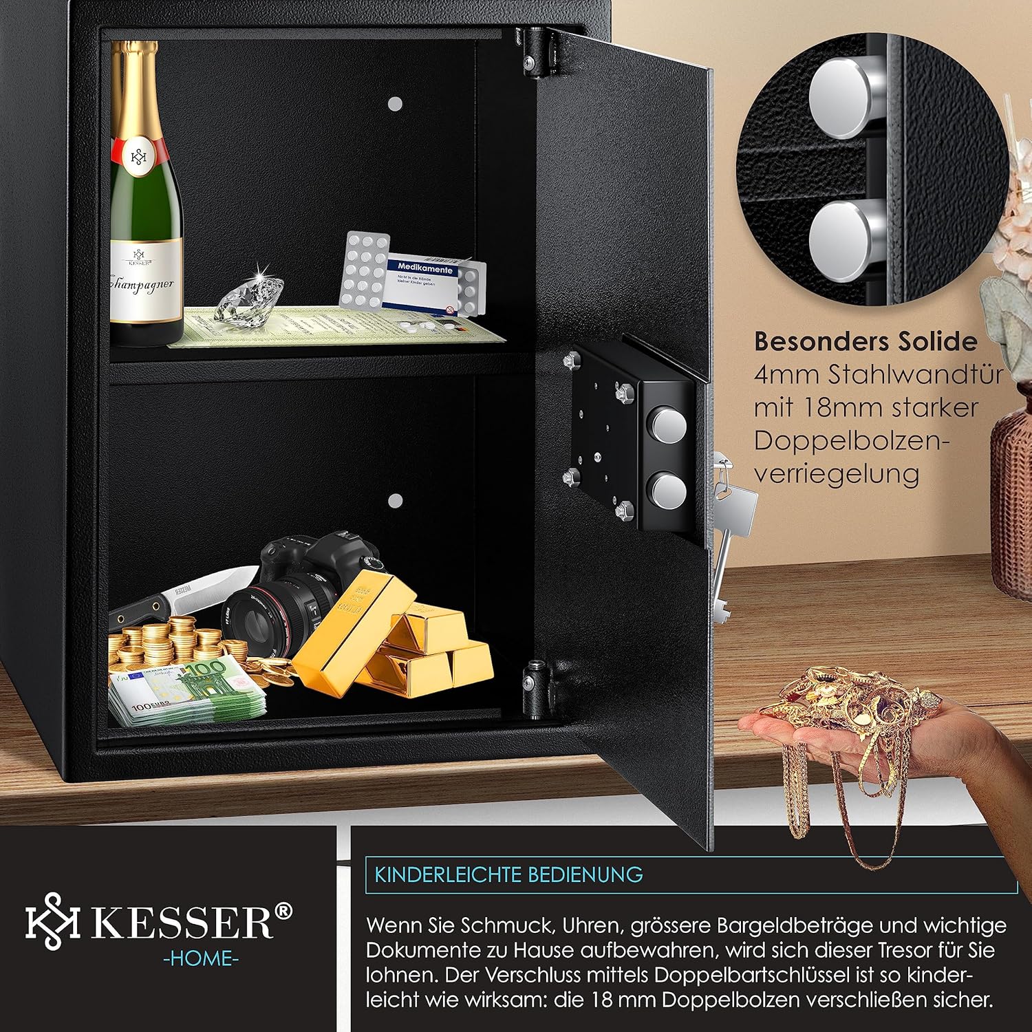 KESSER® Tresor Möbeltresor mit Doppelbartschloss, Safe Geldschrank Boden-Wandtresor Wandsafe 50x35x31cm ink. 2 x Schlüssel & Befestigungsschrauben, Schwarz — Ansicht 4